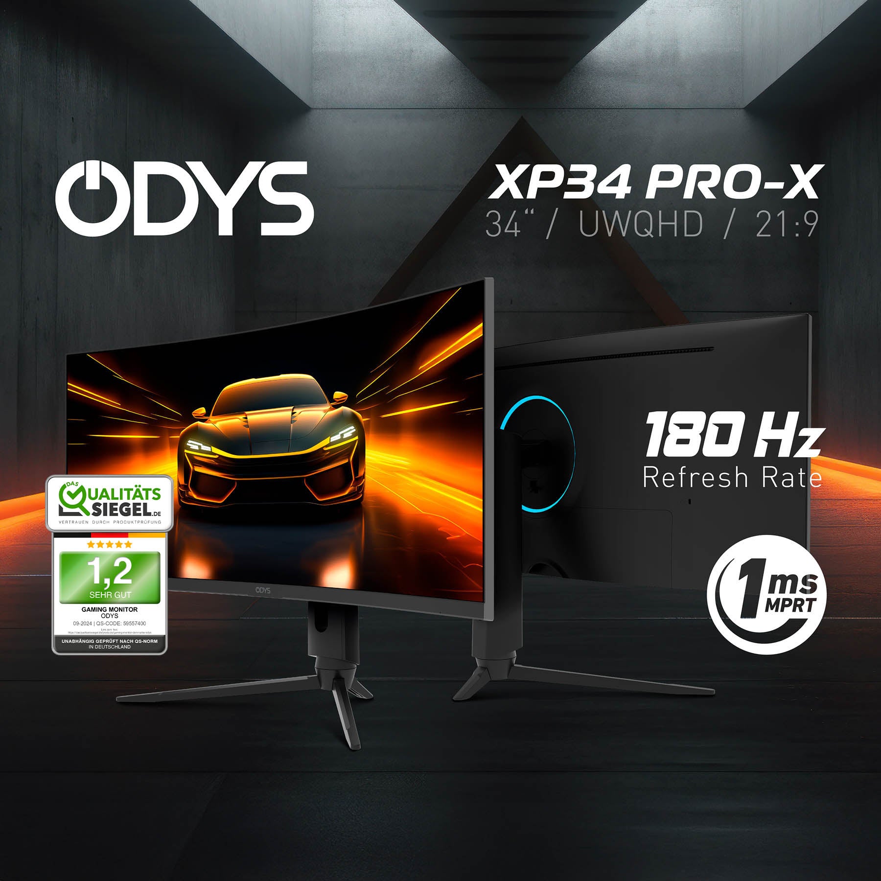 Zwei Odys XP34 PRO-X Curved Gaming Monitore (34", 86 cm) werden gezeigt, die sich durch ein UWQHD-Display, ein Seitenverhältnis von 21:9, eine Bildwiederholfrequenz von 180 Hz, eine MPRT von 1 ms und eine Qualitätszertifizierungsplakette auszeichnen.