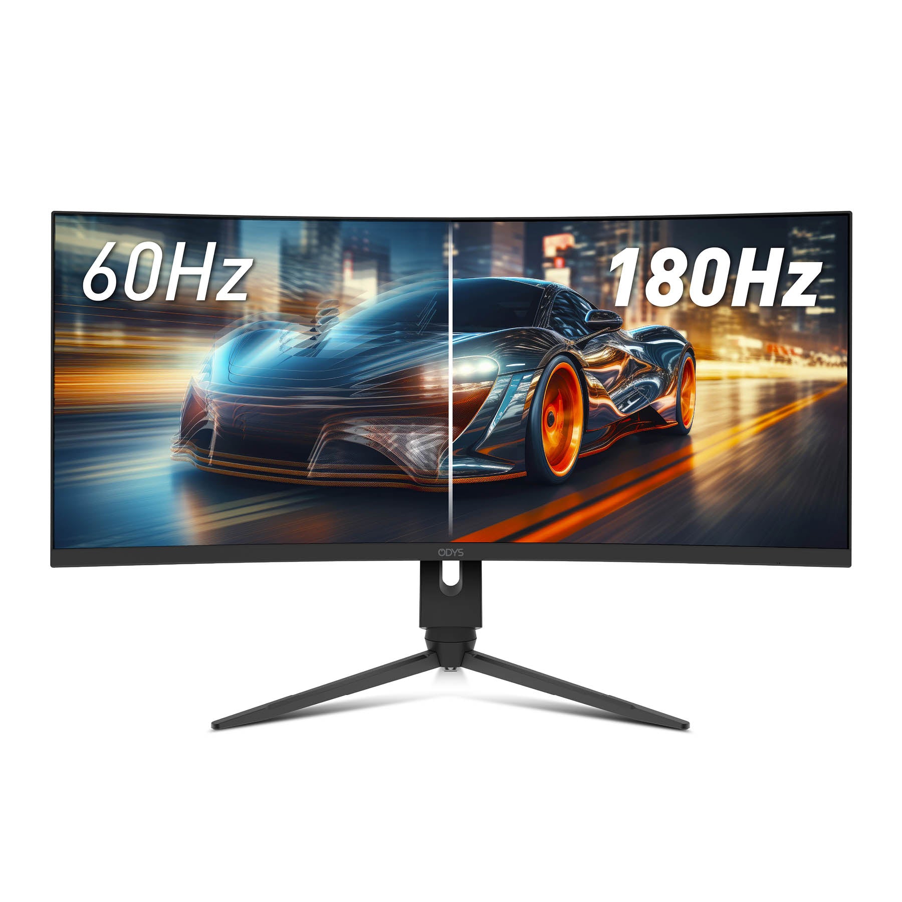Ein gekrümmter Odys XP34 PRO-X Gaming Monitor (34", 86 cm) zeigt einen Rennwagen, der in zwei Hälften geteilt ist - links 60 Hz, rechts 180 Hz - und demonstriert damit einen Vergleich der Bildwiederholfrequenz.