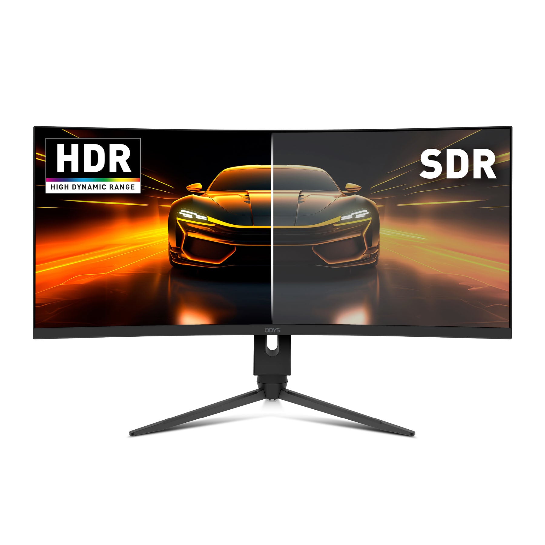 Der Odys XP34 PRO-X Curved Gaming Monitor (34 Zoll, 86 cm) zeigt ein geteiltes Bild eines Autos und vergleicht die visuelle Qualität von HDR (links) und SDR (rechts).