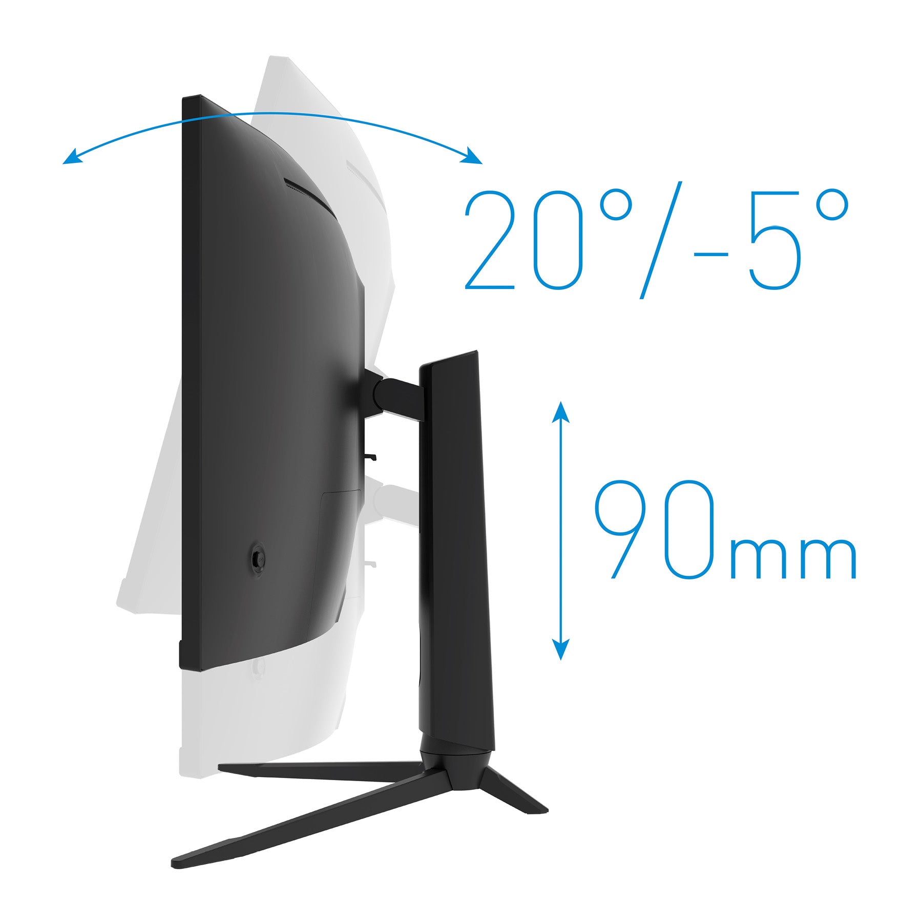 Seitenansicht des Odys XP34 PRO-X Curved Gaming Monitor (34", 86 cm) mit einem Neigungsbereich von 20° nach hinten, 5° nach vorne und einem Höhenverstellbereich von 90 mm.