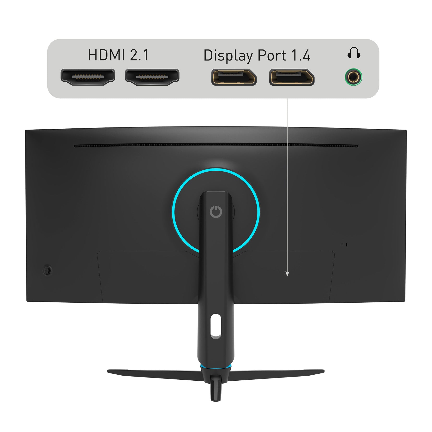 Rückansicht des Odys XP34 PRO-X Curved Gaming-Monitors (34 Zoll, 86 cm) mit Anmerkungen, die zwei HDMI 2.1-Anschlüsse, einen DisplayPort 1.4 und einen 3,5-mm-Kopfhöreranschluss auf der Rückseite des Monitors hervorheben.