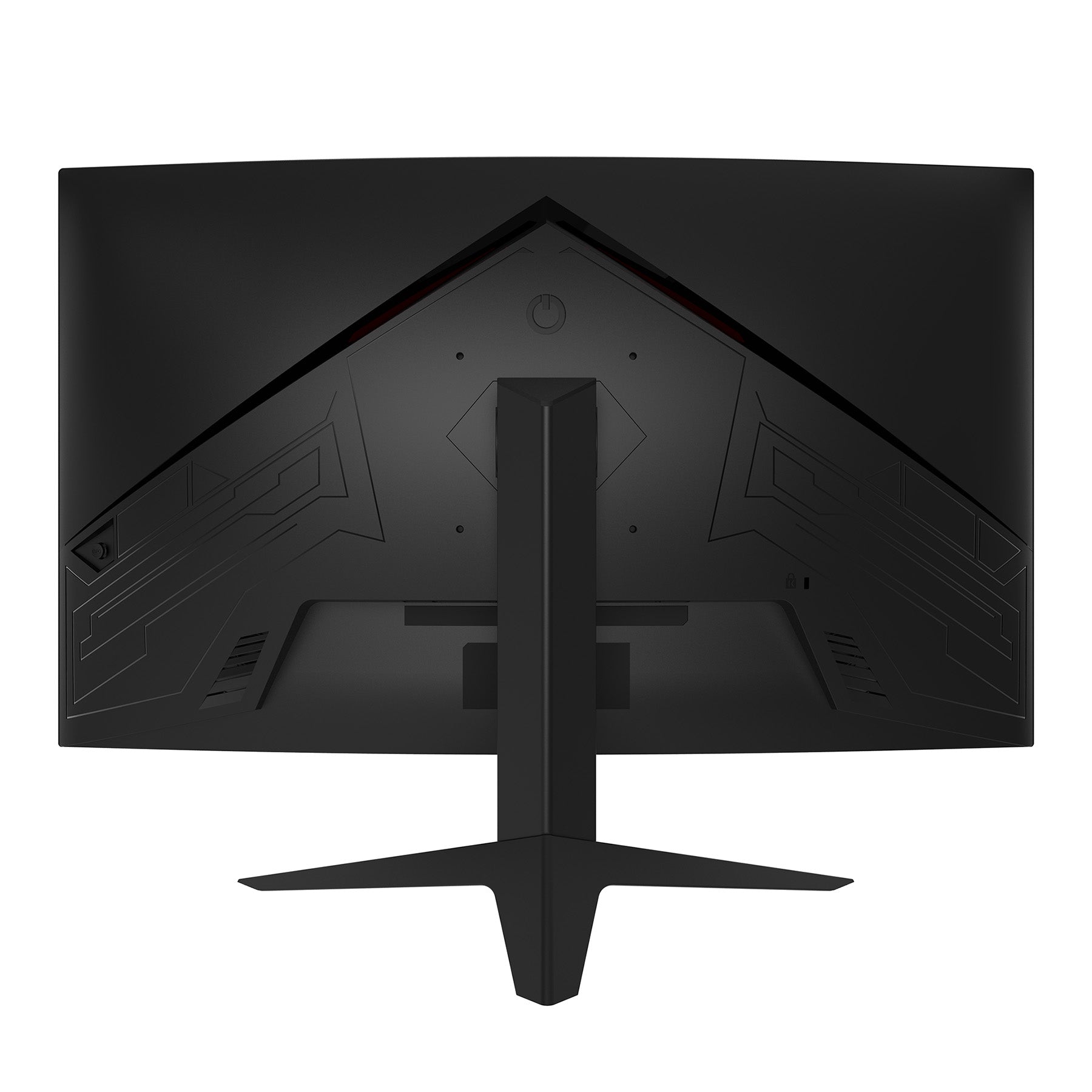 Der Odys Q27-X Curved Gaming Monitor (27 Zoll, 69 cm) hat eine elegante schwarze Rückseite mit einem stabilen Standfuß und geometrischen Designakzenten.