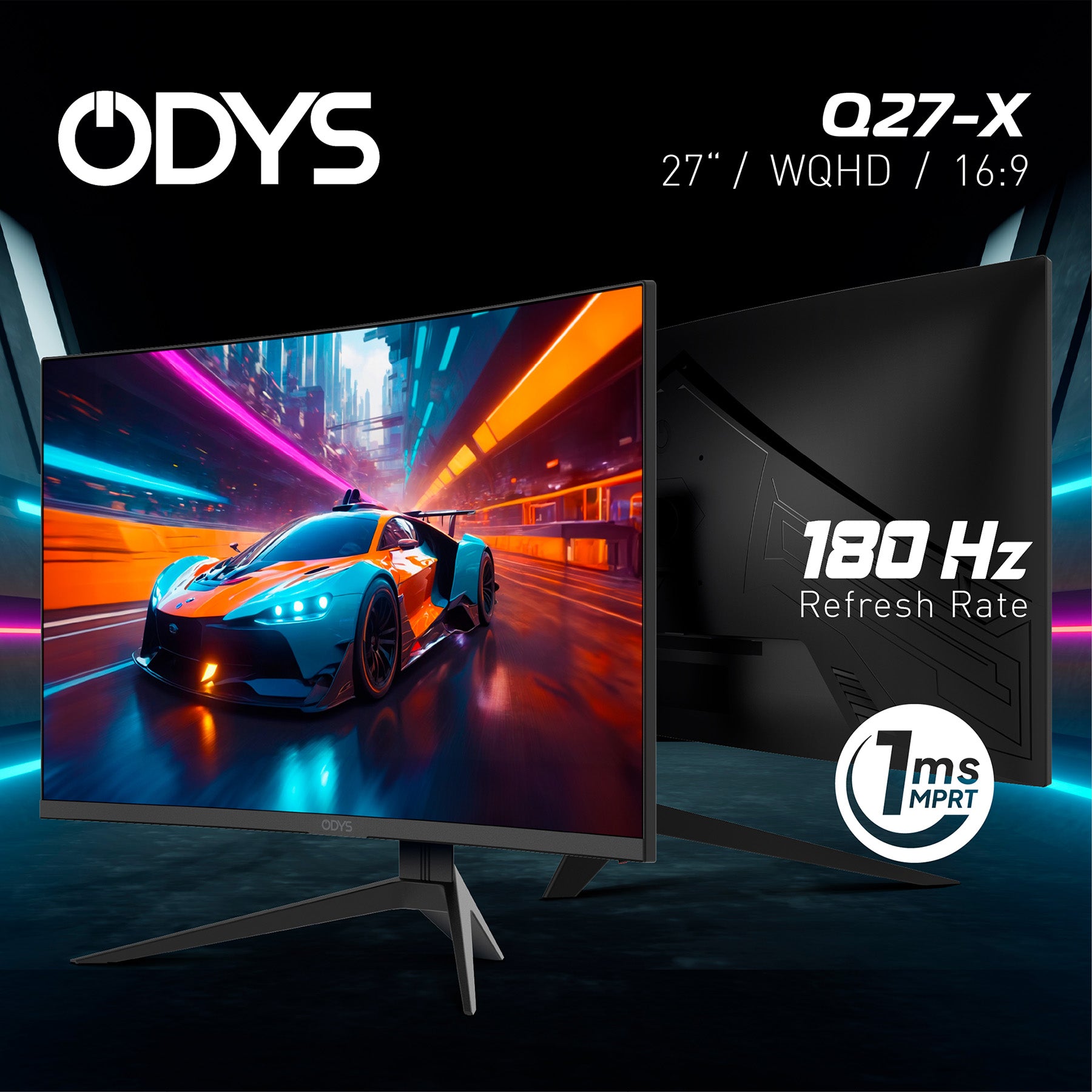 Der Odys Q27-X Curved Gaming Monitor (27 Zoll, 69 cm) mit WQHD, 16:9 Seitenverhältnis, 180Hz Bildwiederholrate und 1ms MPRT wird bei der Darstellung eines Autorennspiels gezeigt.