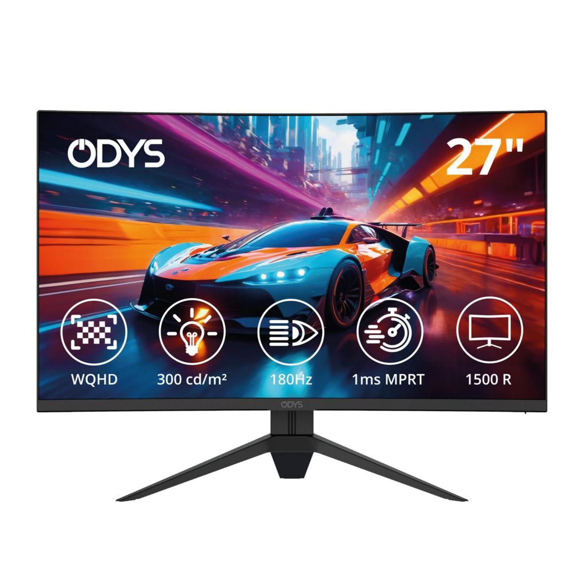 Der Odys Q27-X Curved Gaming Monitor (27", 69 cm) zeigt einen Rennwagen und bietet WQHD-Auflösung, 300 cd/m² Helligkeit, 180 Hz Bildwiederholrate, 1 ms MPRT und einen 1500R gebogenen Bildschirm.