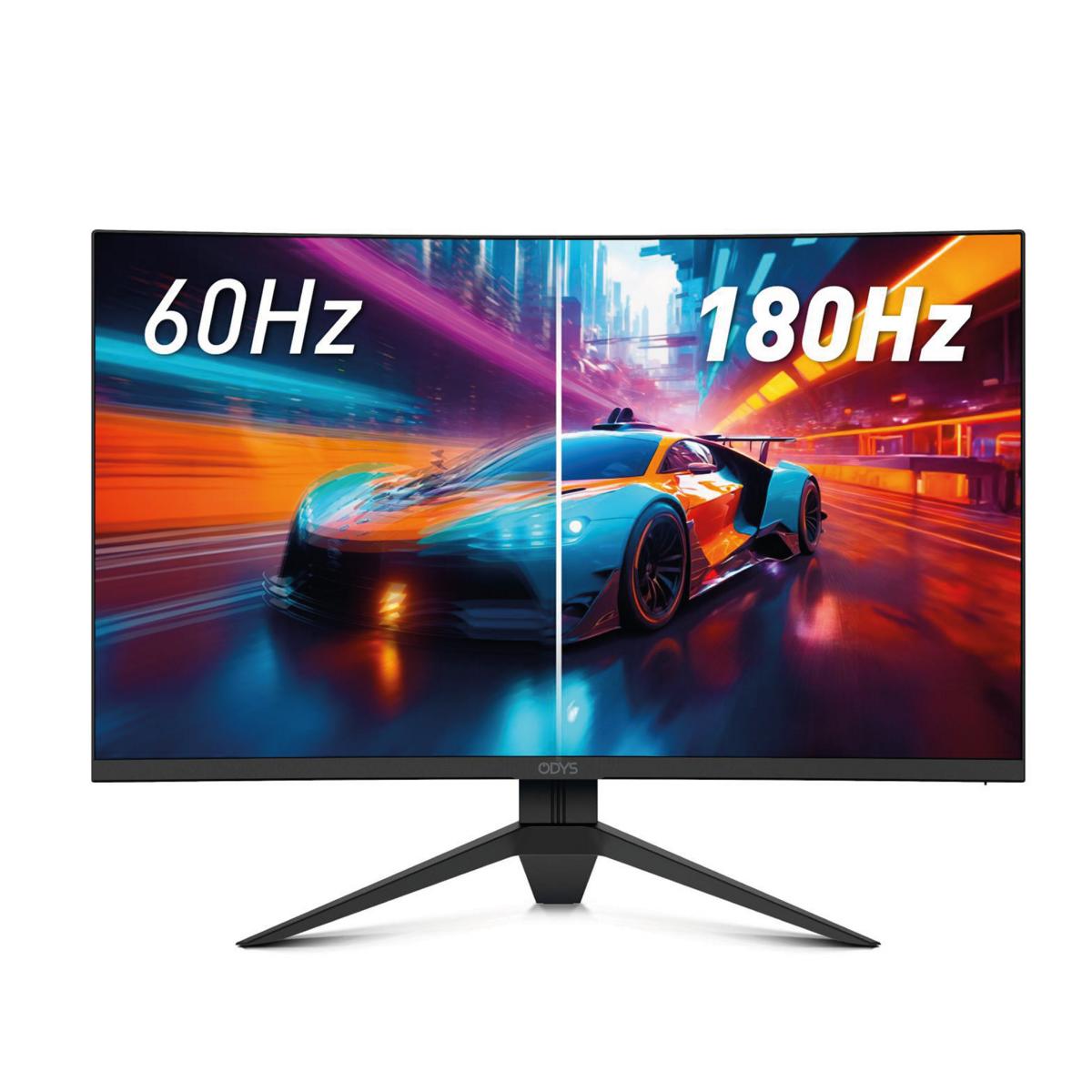 Der Odys Q27-X Curved Gaming Monitor (27 Zoll, 69 cm) zeigt ein Bild eines Rennwagens, das zwischen den Bildwiederholfrequenzen 60 Hz und 180 Hz aufgeteilt ist, um zu demonstrieren, wie höhere Bildwiederholfrequenzen eine flüssigere Darstellung ermöglichen.