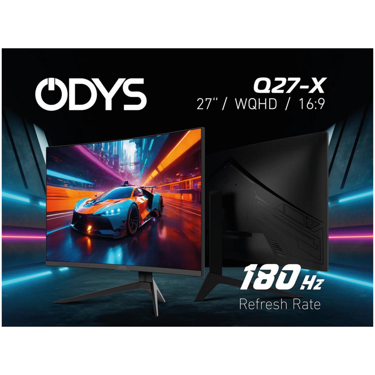 Odys Q27-X Curved Gaming Monitor (27", 69 cm) verfügt über ein WQHD-Display, ein Seitenverhältnis von 16:9, eine Bildwiederholfrequenz von 180 Hz und enthält Bilder von Vorder- und Rückansicht.