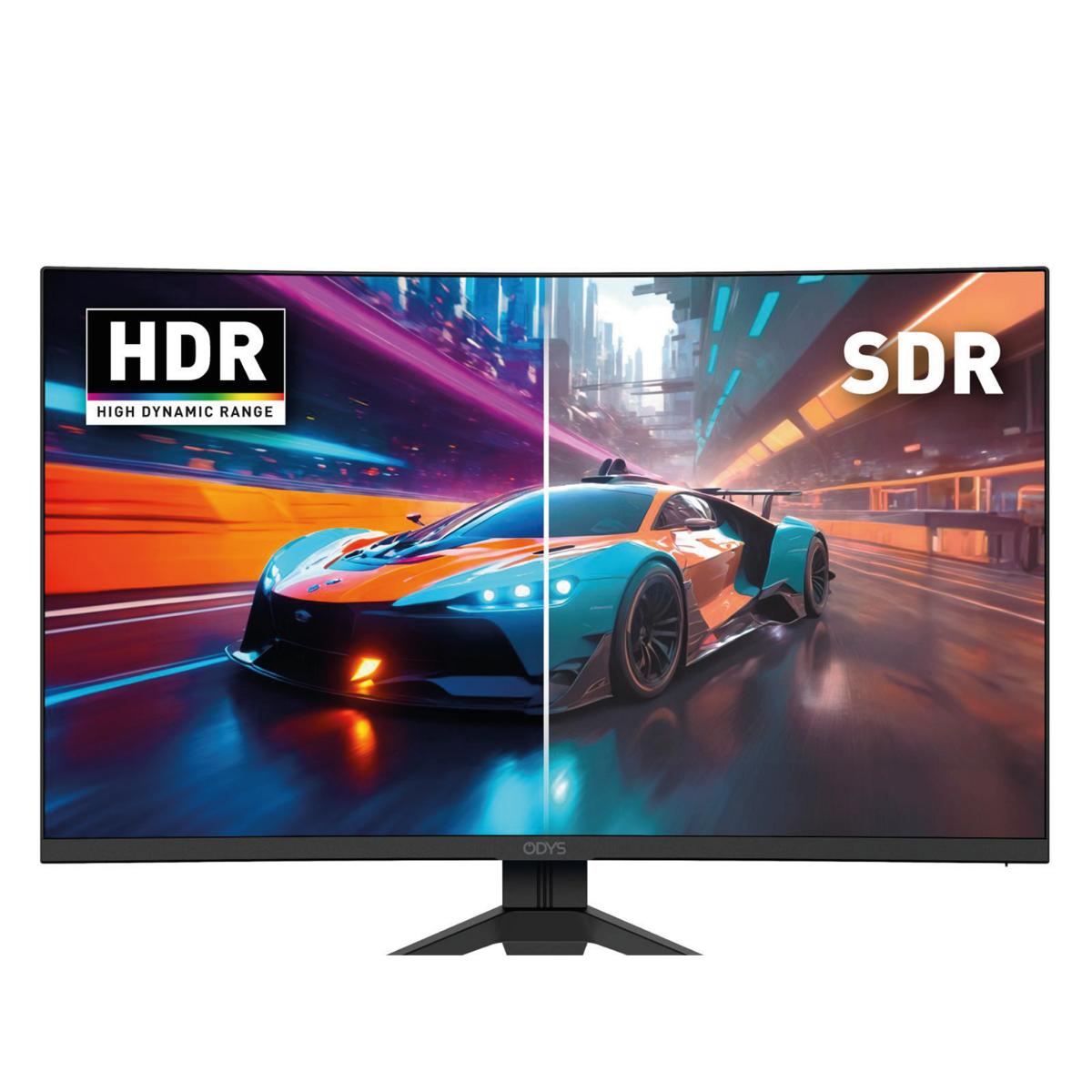 Der Odys Q27-X Curved Gaming Monitor (27 Zoll, 69 cm) zeigt ein geteiltes Bild eines Rennwagens, um HDR auf der linken Seite mit lebhaften, leuchtenden Farben mit SDR auf der rechten Seite mit weniger intensiven Tönen zu vergleichen.