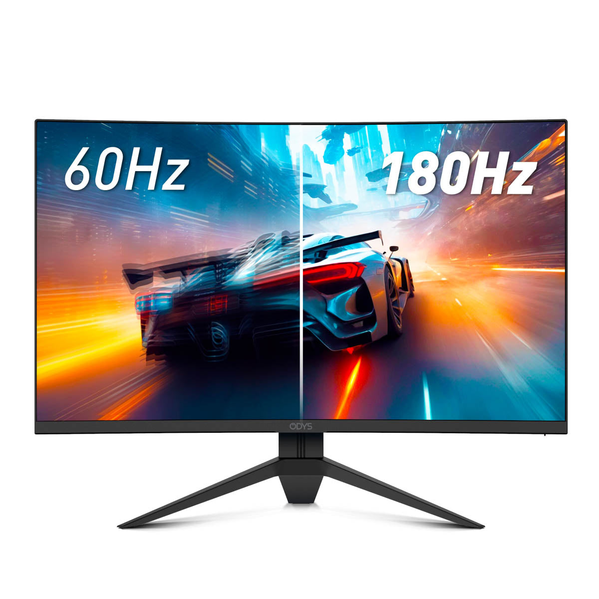 Ein Odys Q27 PRO-X Curved Gaming Monitor (27 Zoll, 69 cm) zeigt ein Rennspiel mit 60 Hz auf der linken Seite und 180 Hz auf der rechten Seite und demonstriert deutlich flüssigere Bewegungen und schärfere Details bei 2K-Auflösung und 180 Hz.