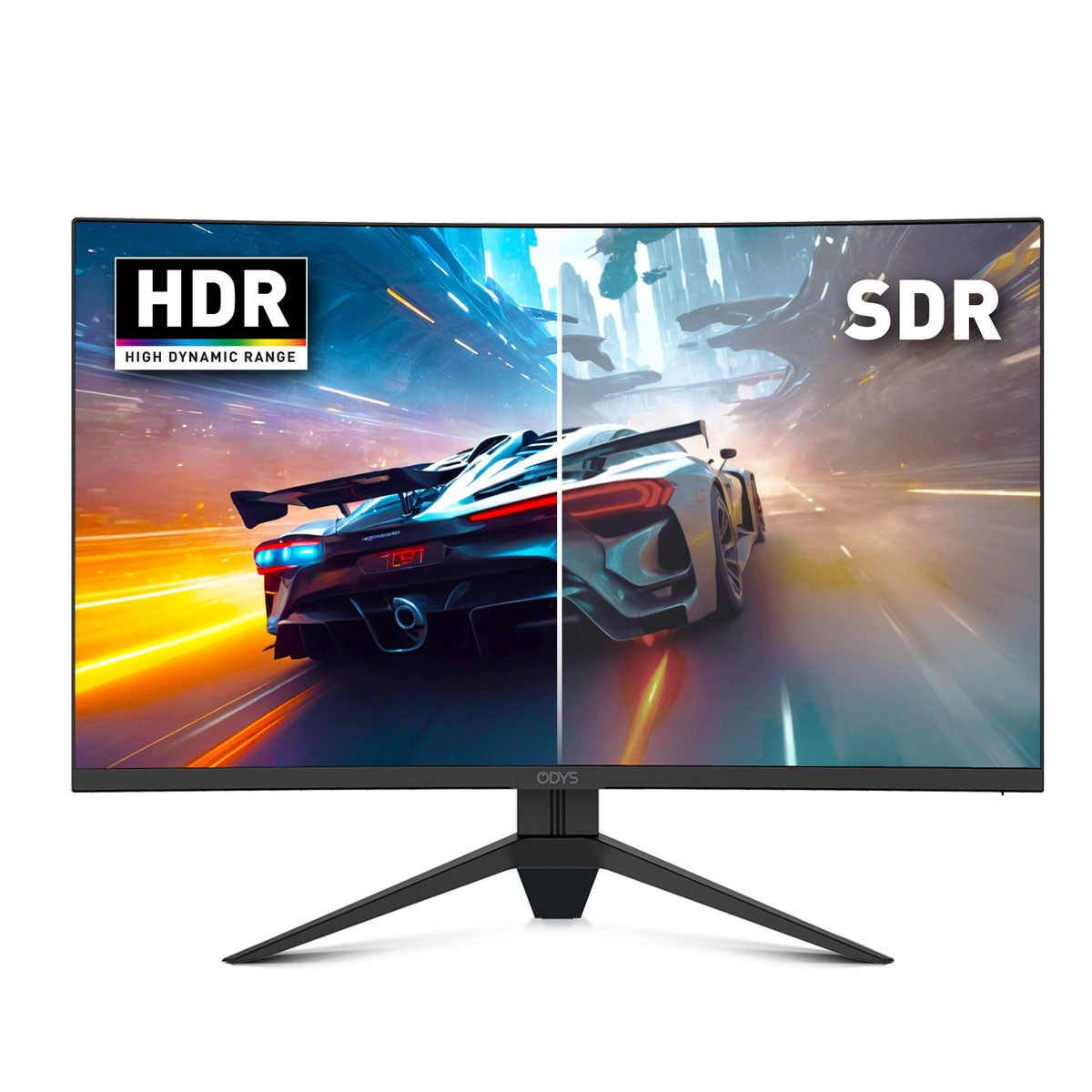 Ein Computermonitor zeigt ein Rennspiel, aufgeteilt in HDR (links) und SDR (rechts). Dabei werden die Unterschiede in der Bildqualität auf dem Odys Q27 PRO-X Curved Gaming Monitor (27 Zoll, 69 cm) mit 2K-Auflösung und einer flüssigen Bildwiederholfrequenz von 180 Hz deutlich.