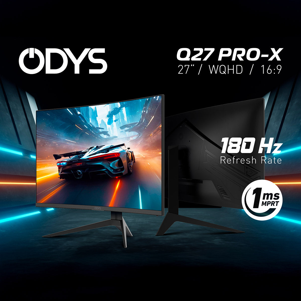 Der Odys Q27 PRO-X Curved Gaming Monitor (27 Zoll, 69 cm) zeigt ein Autorennspiel in scharfer 2K-Auflösung im Seitenverhältnis 16:9 mit einer schnellen Bildwiederholrate von 180 Hz und einer Reaktionszeit von 1 ms für ein nahtloses, fesselndes Gameplay.