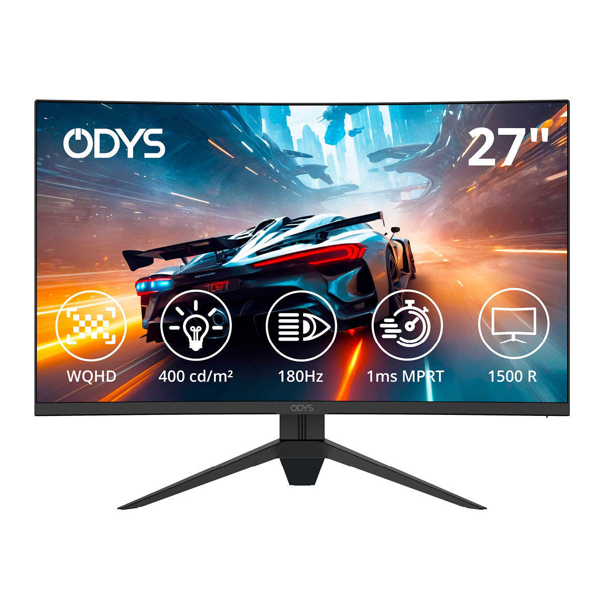 Ein 27" Odys Q27 PRO-X Curved Gaming Monitor (69 cm) zeigt ein Rennspiel mit Symbolen, die seine 180 Hz Bildwiederholrate, 2K WQHD Auflösung, 400 cd/m² Helligkeit, 1ms MPRT Reaktionszeit und immersive 1500R Krümmung hervorheben.
