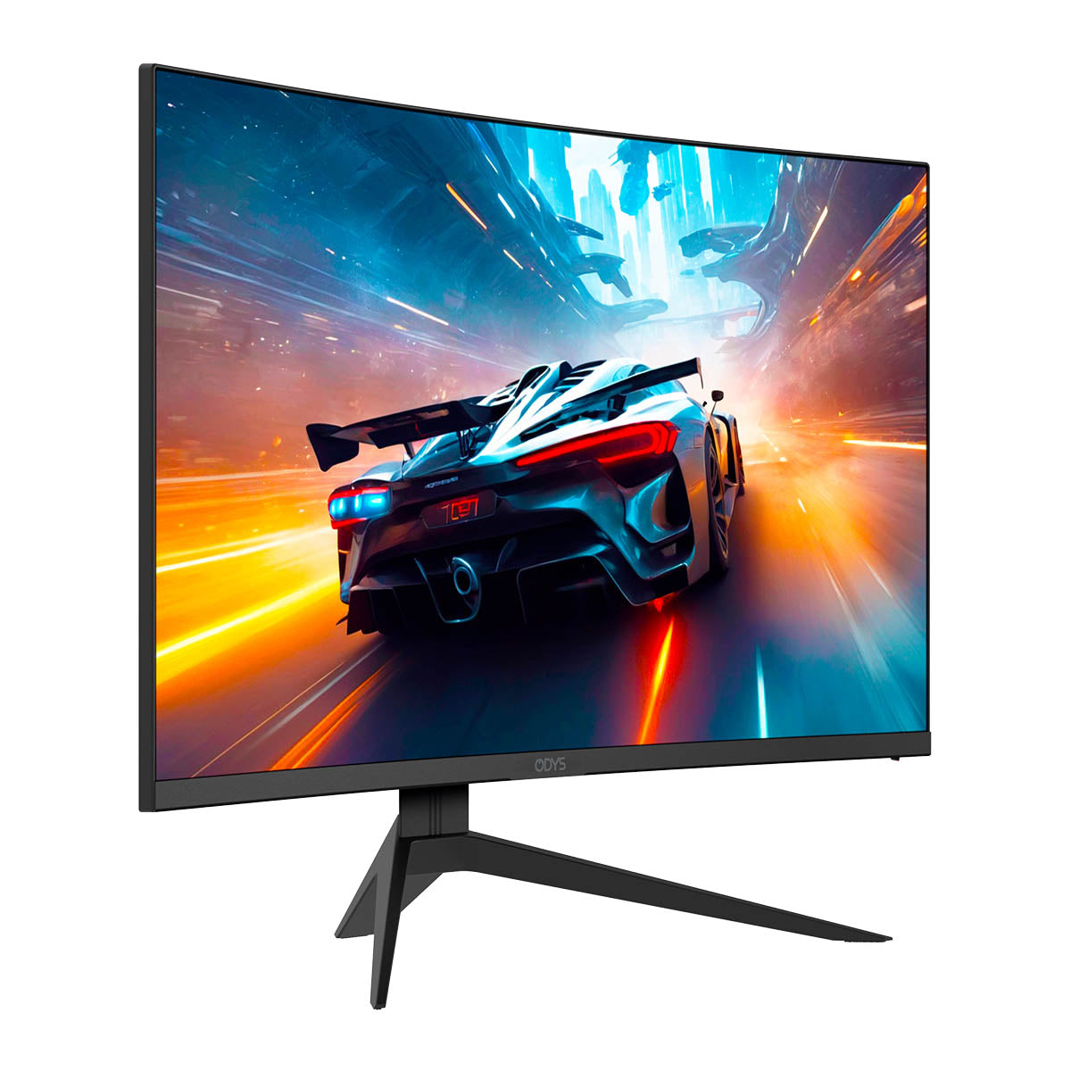 Der Odys Q27 PRO-X Curved Gaming Monitor (27 Zoll, 69 cm) mit 2K Auflösung und 180 Hz Bildwiederholrate zeigt ein lebendiges Rennspiel, bei dem ein Sportwagen durch eine futuristische Stadtkulisse rast.