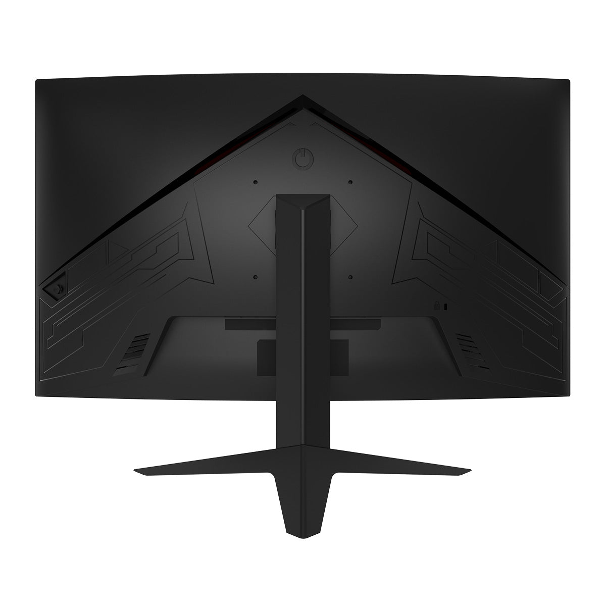 Das Bild zeigt die Rückseite des Odys Q27 PRO-X Curved Gaming Monitors (27 Zoll, 69 cm) in Schwarz mit geometrischen Akzenten, der eine 2K-Auflösung und eine Bildwiederholfrequenz von 180 Hz bietet.