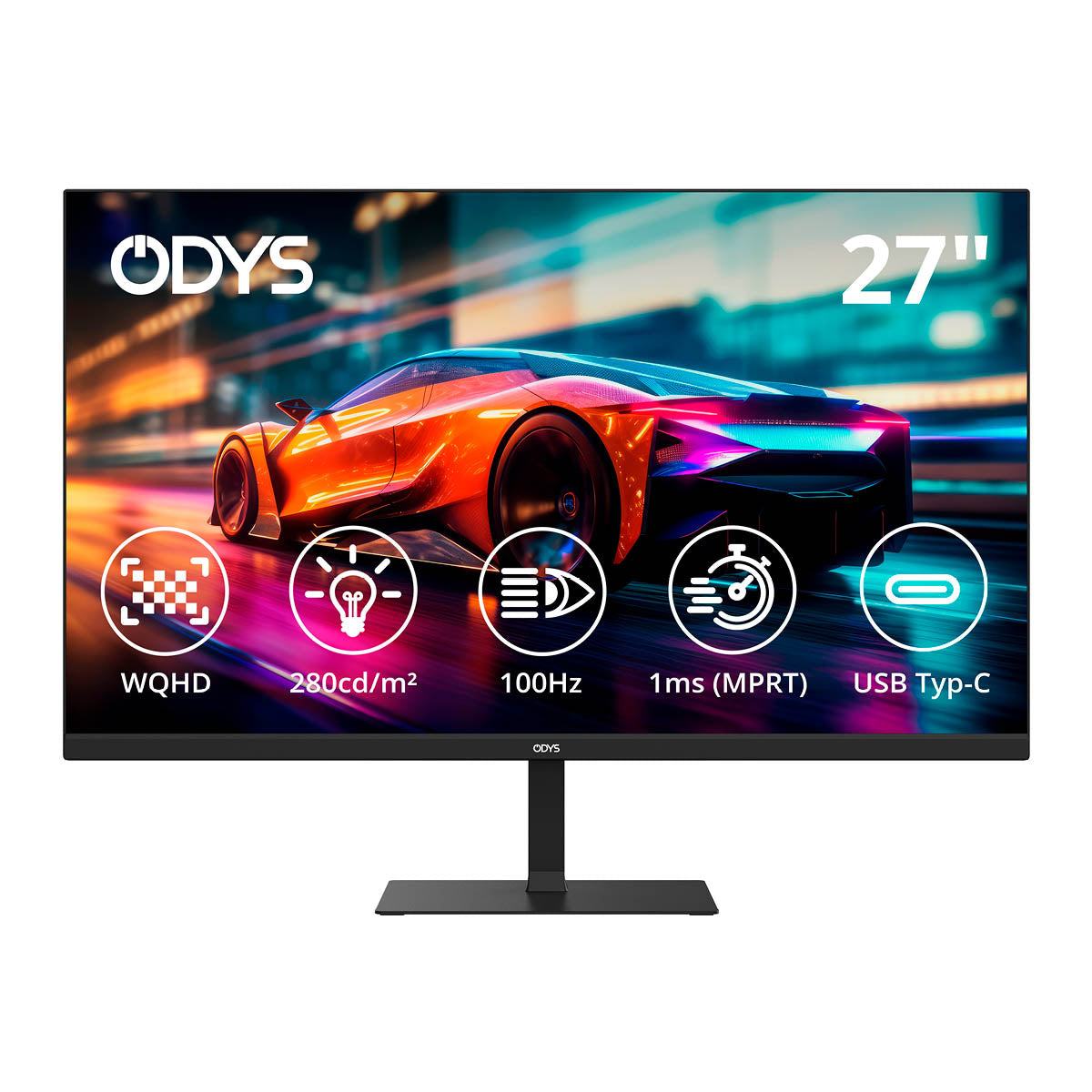 Der Odys i27-Q-100 Flat Gaming Monitor (27", 69 cm) zeigt ein lebendiges Bild mit WQHD, 280 cd/m² Helligkeit, 100Hz Bildwiederholrate, 1ms Reaktionszeit und USB Typ-C Anschluss.