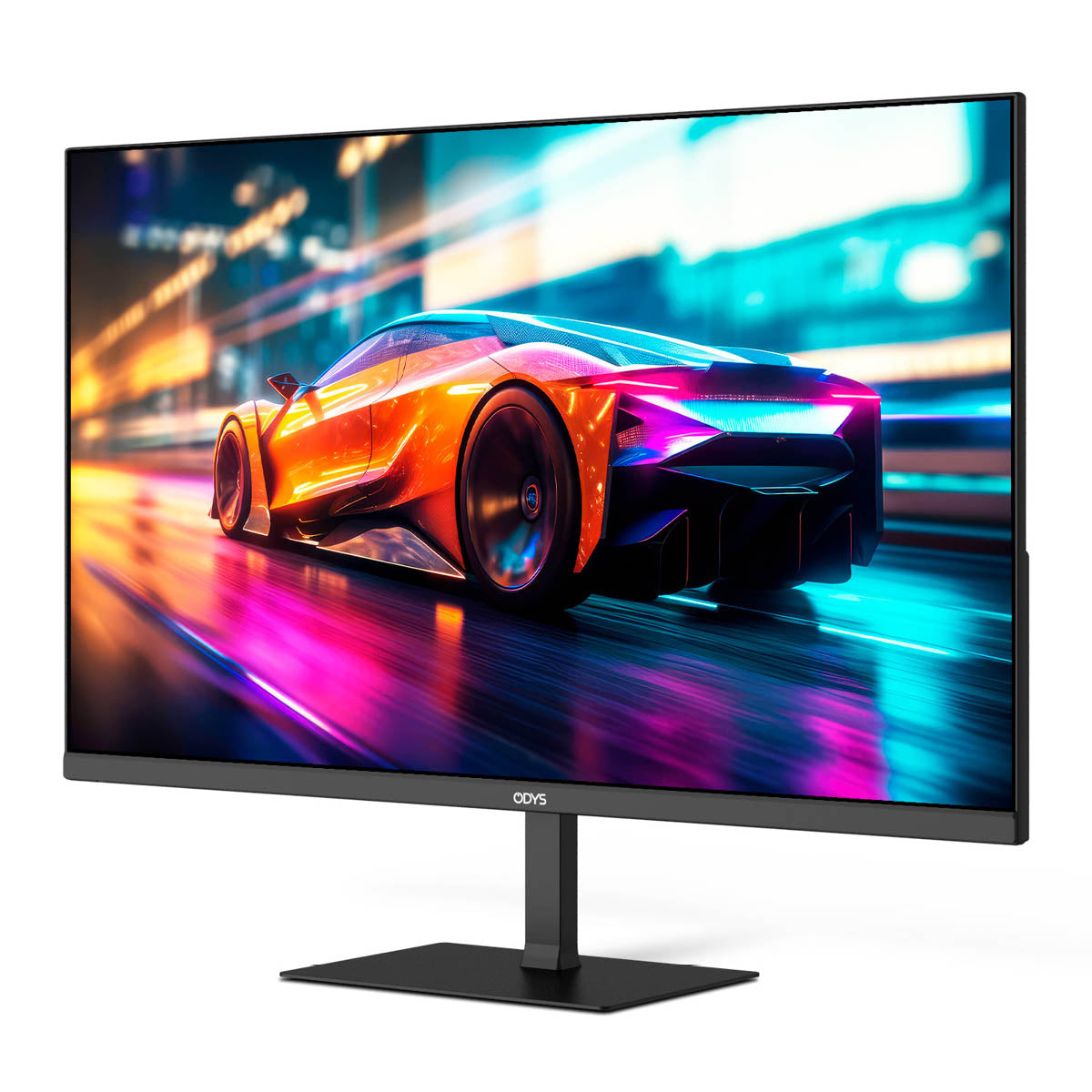 Der Odys i27-Q-100 Flat Gaming Monitor (27 Zoll, 69 cm) zeigt ein lebendiges Bild eines futuristischen Autos auf einer neonbeleuchteten Straße bei Nacht.