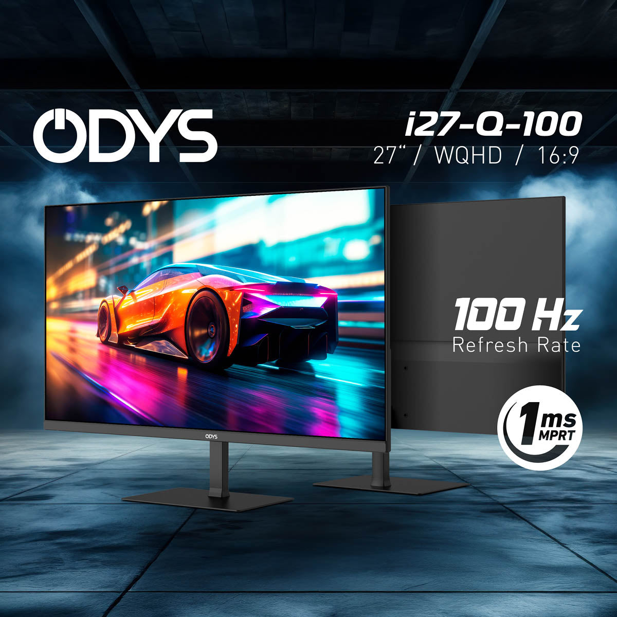 Odys i27-Q-100 Flat Gaming Monitor (27 Zoll, 69 cm) mit WQHD-Display, 16:9-Verhältnis, 100 Hz Bildwiederholrate und 1 ms Reaktionszeit zeigt ein lebendiges Fahrzeugbild.