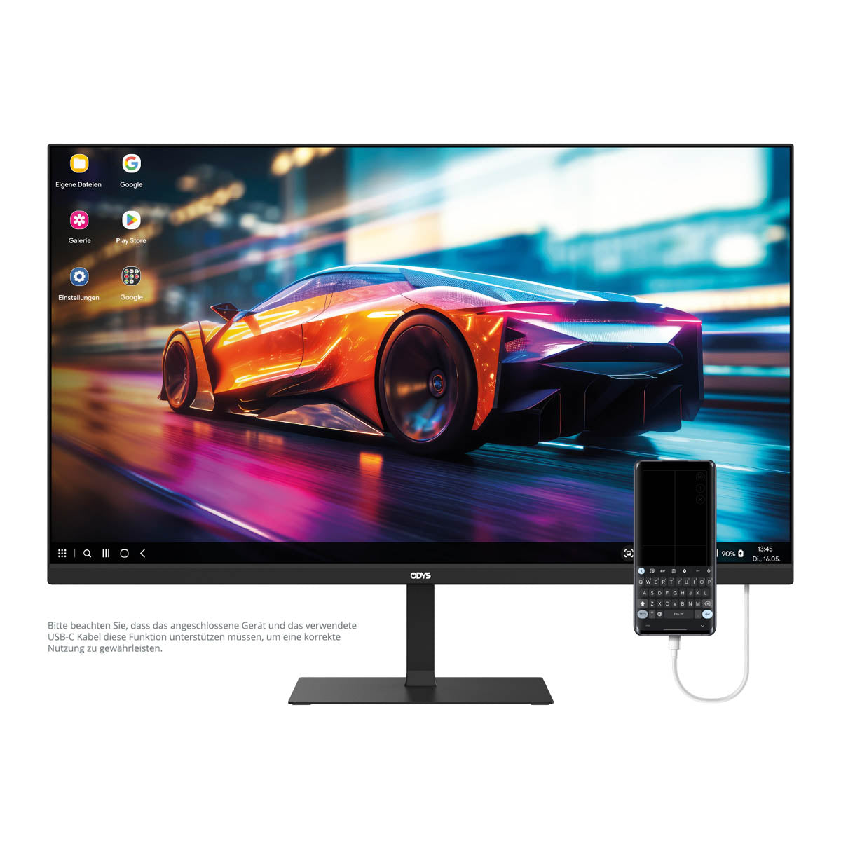 Ein Odys i27-Q-100 Flat Gaming Monitor (27", 69 cm) zeigt ein digitales Bild eines orangefarbenen Sportwagens, der auf einer beleuchteten Straße fährt und per Kabel mit einem Smartphone verbunden ist.