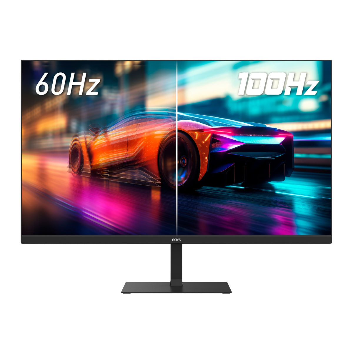 Der Odys i27-Q-100 Flat Gaming Monitor (27 Zoll, 69 cm) zeigt einen Rennwagen mit geteiltem Bildschirm - 60 Hz auf der linken Seite und 100 Hz auf der rechten Seite - und verdeutlicht so den Unterschied in den Bildwiederholraten.