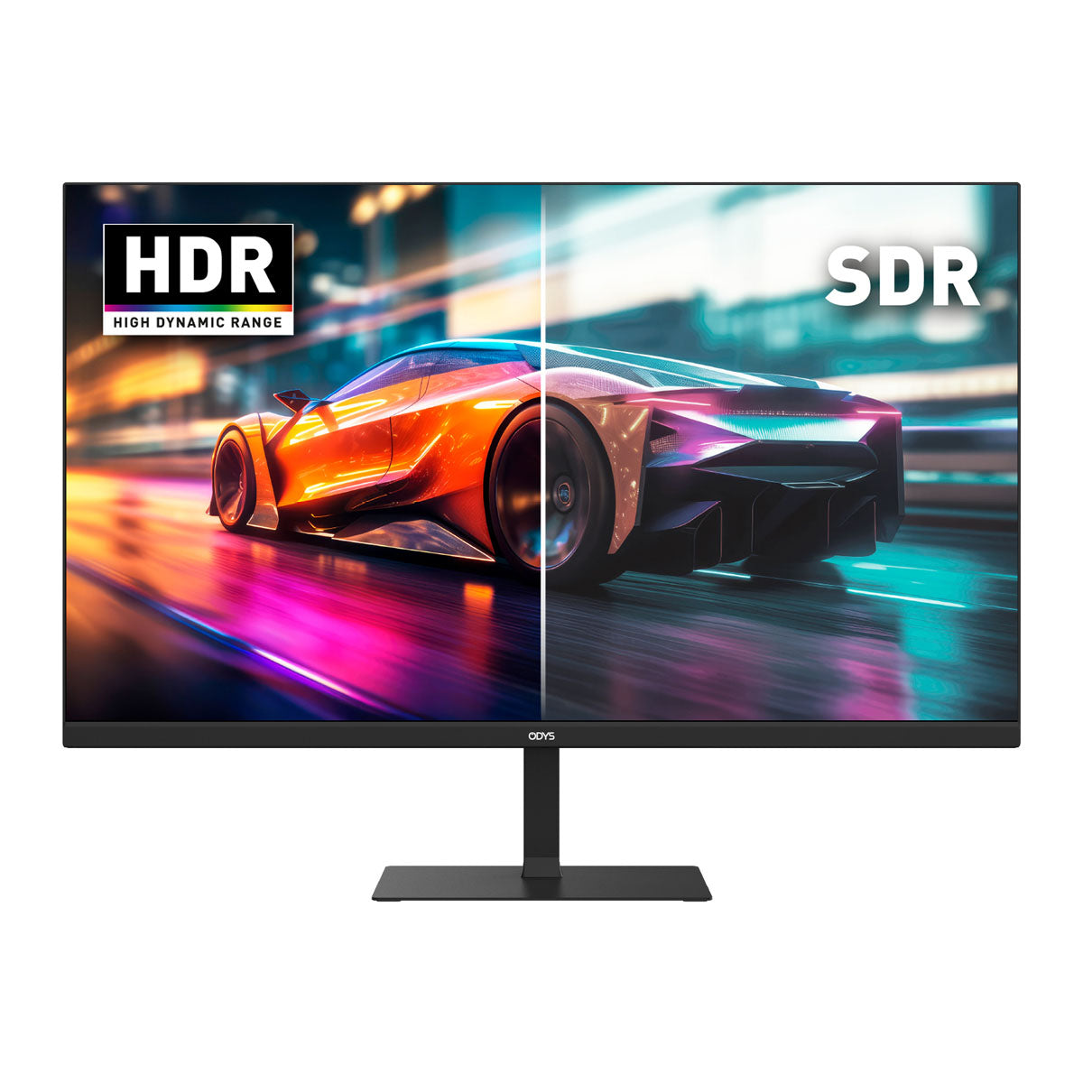 Ein Odys i27-Q-100 Flat Gaming Monitor (27", 69 cm) zeigt ein Autorennspiel; die linke HDR-Seite ist lebendig, während die rechte SDR-Seite weniger farbenfroh ist.