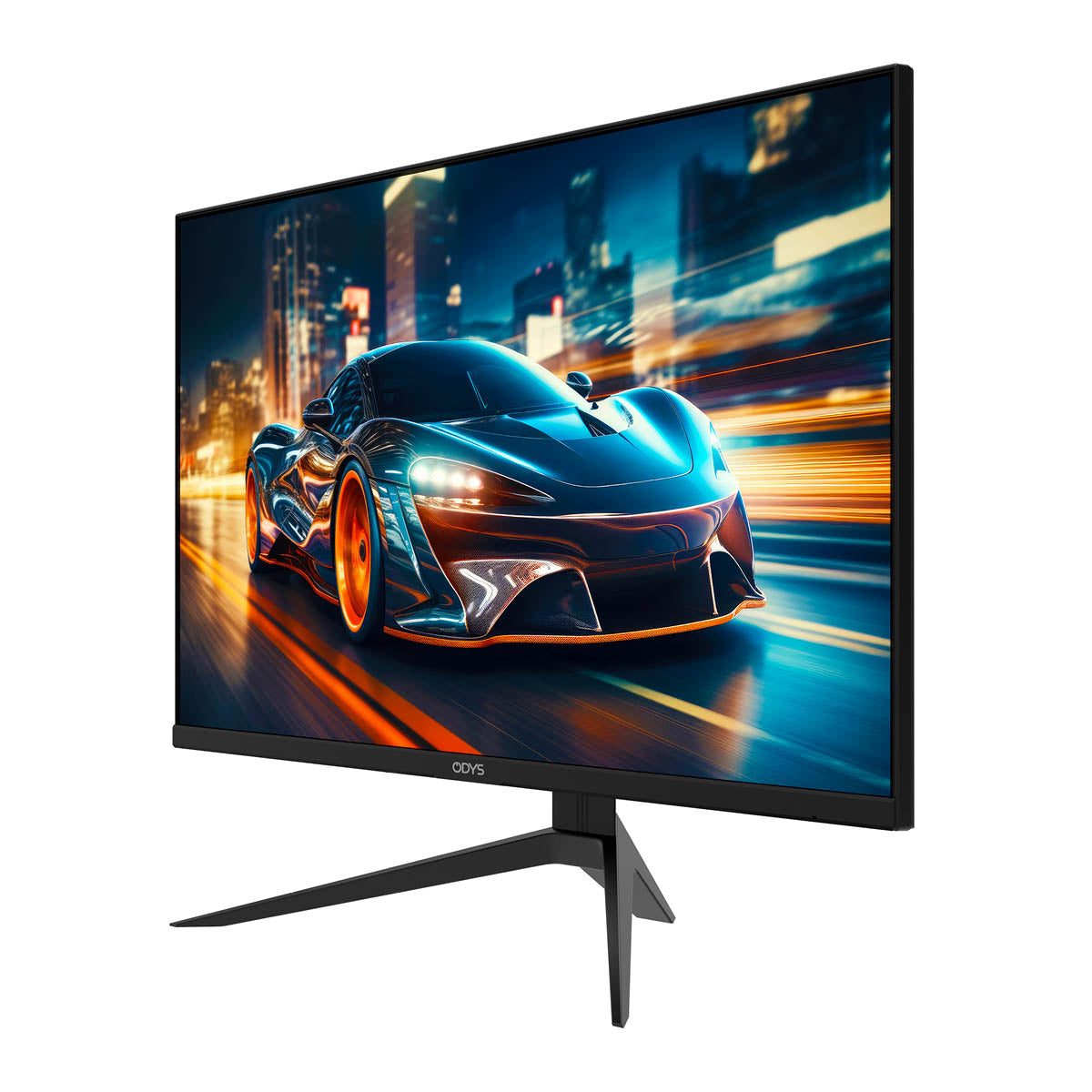 Der Odys i27-Q-180 Flat Gaming Monitor (27 Zoll, 69 cm) zeigt das hochauflösende Bild eines schnittigen Sportwagens, der durch eine nächtliche Stadt rast, und fängt mit seiner Bildwiederholrate von 180 Hz jedes Detail in atemberaubender 2K-Auflösung ein.