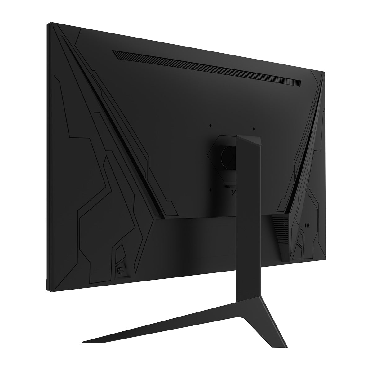 Das Bild zeigt die Rückansicht des Odys i27-Q-180 Flat Gaming Monitors (27 Zoll, 69 cm) in Schwarz mit geometrischem Muster, V-förmigem Standfuß und Unterstützung für 2K-Auflösung.