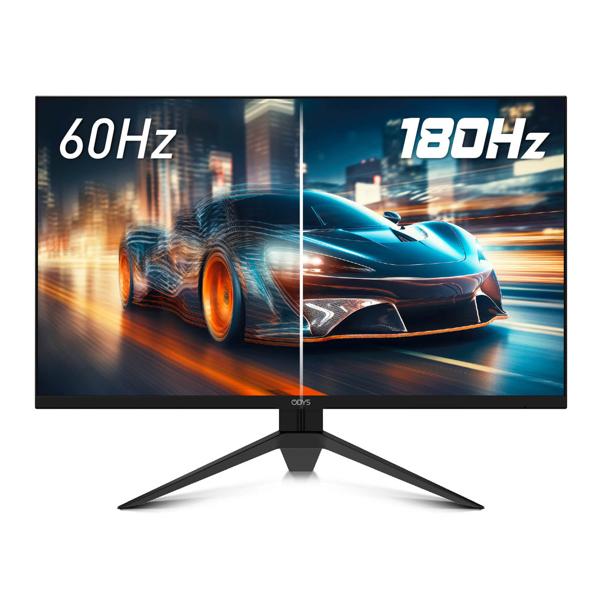 Der Odys i27-Q-180 Flat Gaming Monitor (27 Zoll, 69 cm) zeigt ein geteiltes Fahrzeugbild in 2K Auflösung: 60Hz auf der linken Seite, 180Hz auf der rechten Seite - und demonstriert so eine flüssigere Darstellung bei höheren Bildwiederholraten.