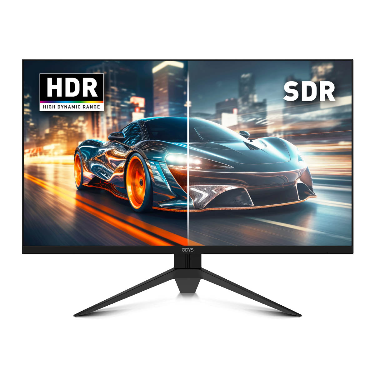 Der Odys i27-Q-180 Flat Gaming Monitor (27 Zoll, 69 cm) zeigt einen Sportwagen auf einer Stadtstraße und vergleicht HDR und SDR auf jeder Hälfte, um Farb- und Helligkeitsunterschiede mit seiner scharfen 2K-Auflösung hervorzuheben.