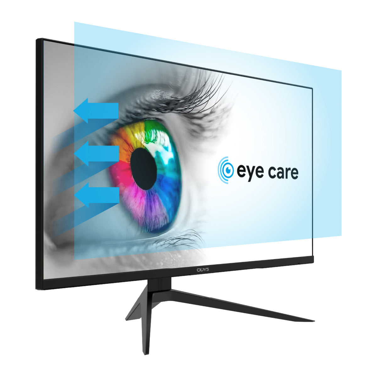 Der Odys i27-Q-180 Flat Gaming Monitor (27 Zoll, 69 cm) zeigt eine lebendige Augengrafik mit den Worten "Eye Care" und blauen Pfeilen auf dem Bildschirm, die die 2K-Auflösung und Lichtschutzfunktionen hervorheben.