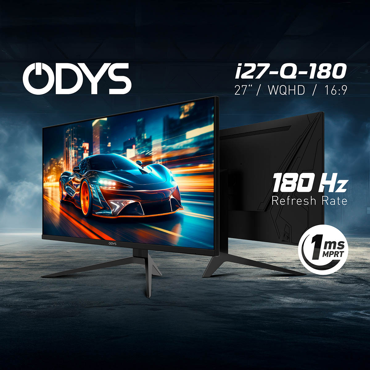 Der Odys i27-Q-180 Flat Gaming Monitor (27 Zoll, 69 cm) bietet ein 2K WQHD-Display, eine Bildwiederholfrequenz von 180 Hz, ein Seitenverhältnis von 16:9 und eine MPRT von 1 ms, wie das Bild eines Rennwagens auf dem Bildschirm zeigt.