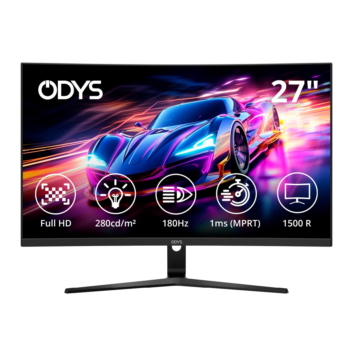 Der 27-Zoll Odys XP27-F-180 Curved Gaming Monitor (69 cm) bietet Full HD, eine Helligkeit von 280 cd/m², eine Bildwiederholfrequenz von 180 Hz, eine schnelle Reaktionszeit von 1 ms und eine immersive 1500R-Kurve - hier mit einer leuchtenden lila Sportwagengrafik.