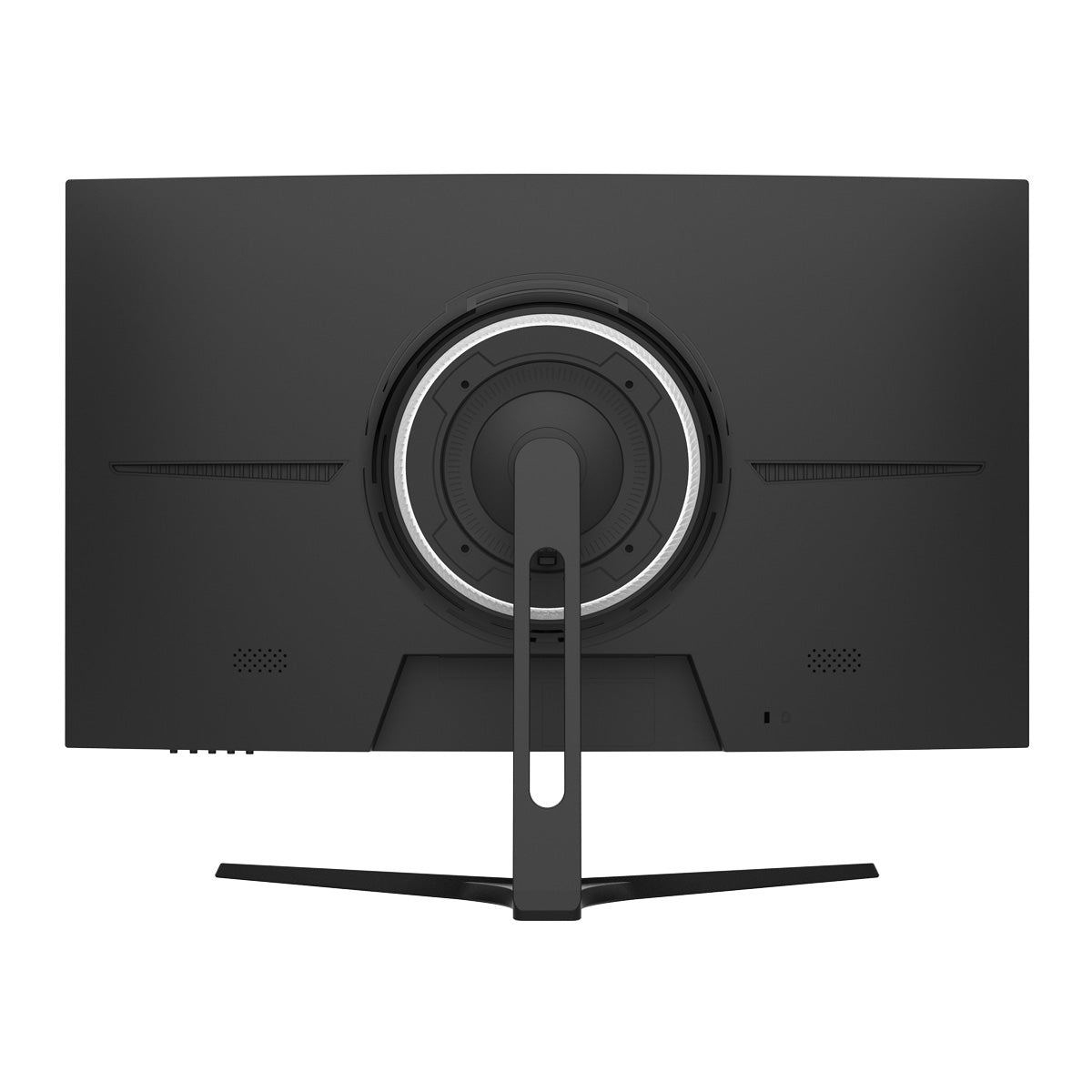 Rückansicht des Odys XP27-F-180 Curved Gaming Monitors (27", 69 cm) mit seinem eleganten geschwungenen Design, dem robusten Standfuß, den Lüftungsschlitzen und dem zentralen Montagebereich.