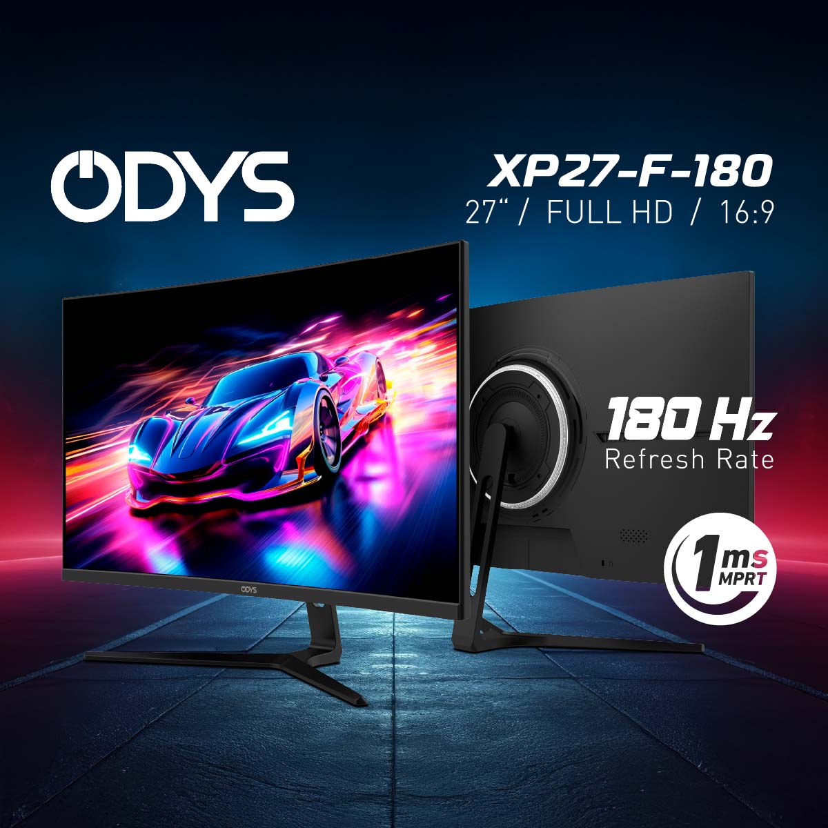Der Odys XP27-F-180 Curved Gaming Monitor (27", 69 cm) wird auf der Vorder- und Rückseite mit einem Bild eines Rennwagens gezeigt, das seine 180Hz Bildwiederholrate und 1ms Reaktionszeit hervorhebt.