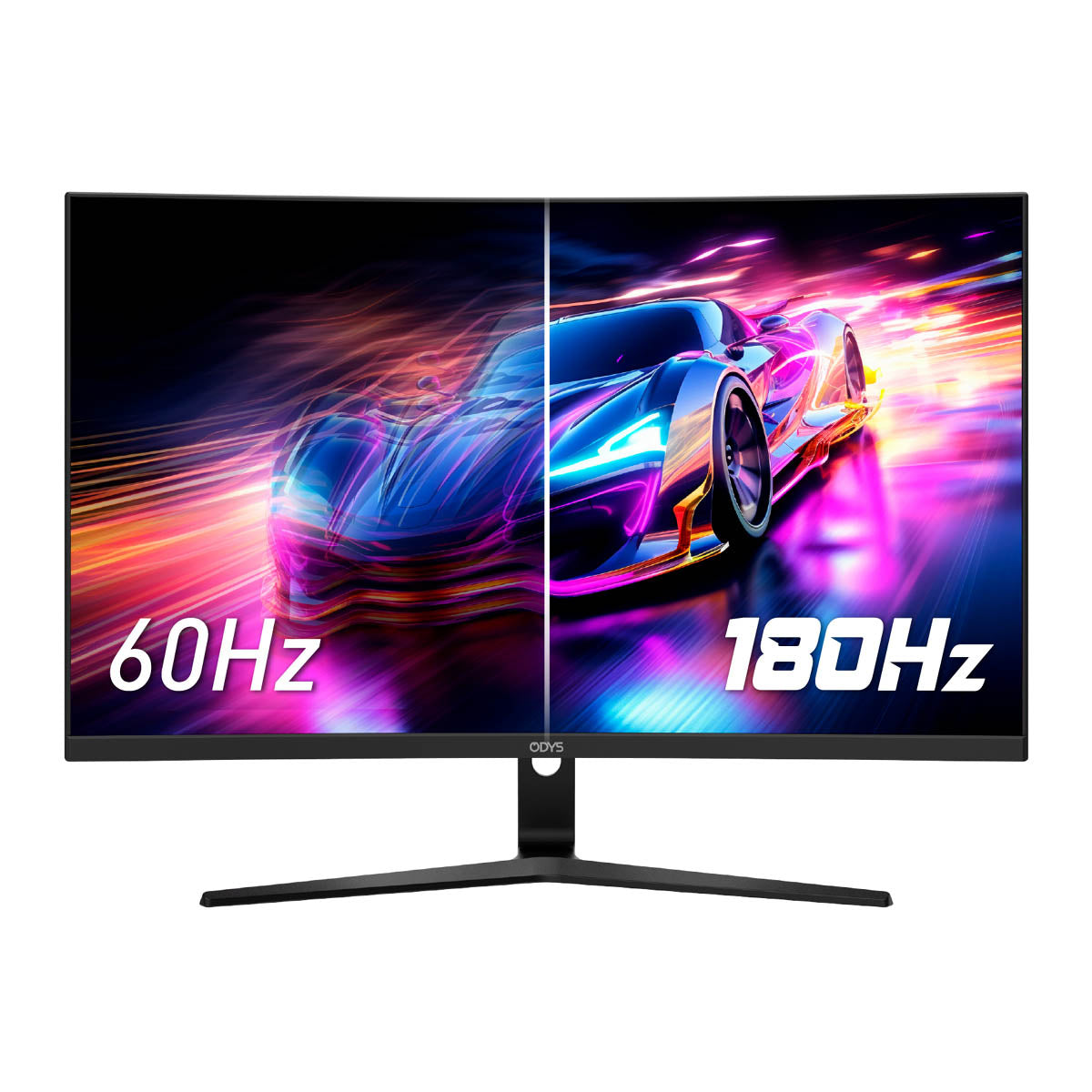 Ein Odys XP27-F-180 Curved Gaming Monitor (27 Zoll, 69 cm) zeigt einen Vergleich der Bildwiederholraten von 60 Hz und 180 Hz mit einem lebendigen Sportwagenbild.