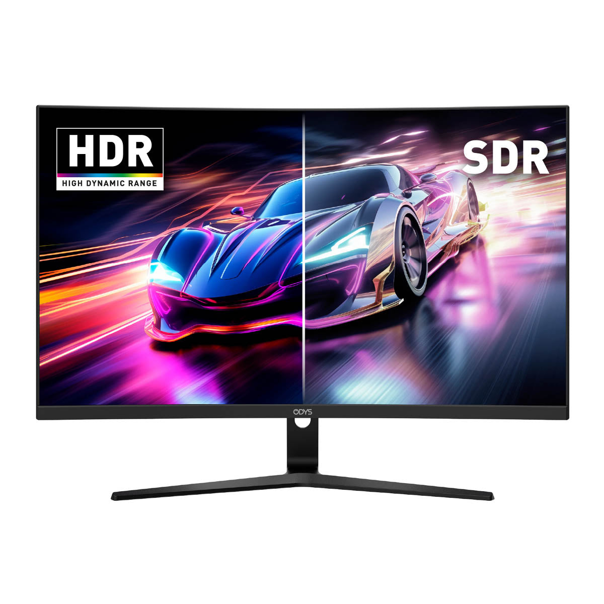 Der Odys XP27-F-180 Curved Gaming Monitor (27", 69 cm) zeigt eine Rennwagenszene im Split-Screen: HDR auf der linken Seite mit leuchtenden Farben, SDR auf der rechten Seite mit gedämpften Tönen - was seine beeindruckende Anzeigequalität bei 180 Hz unterstreicht.