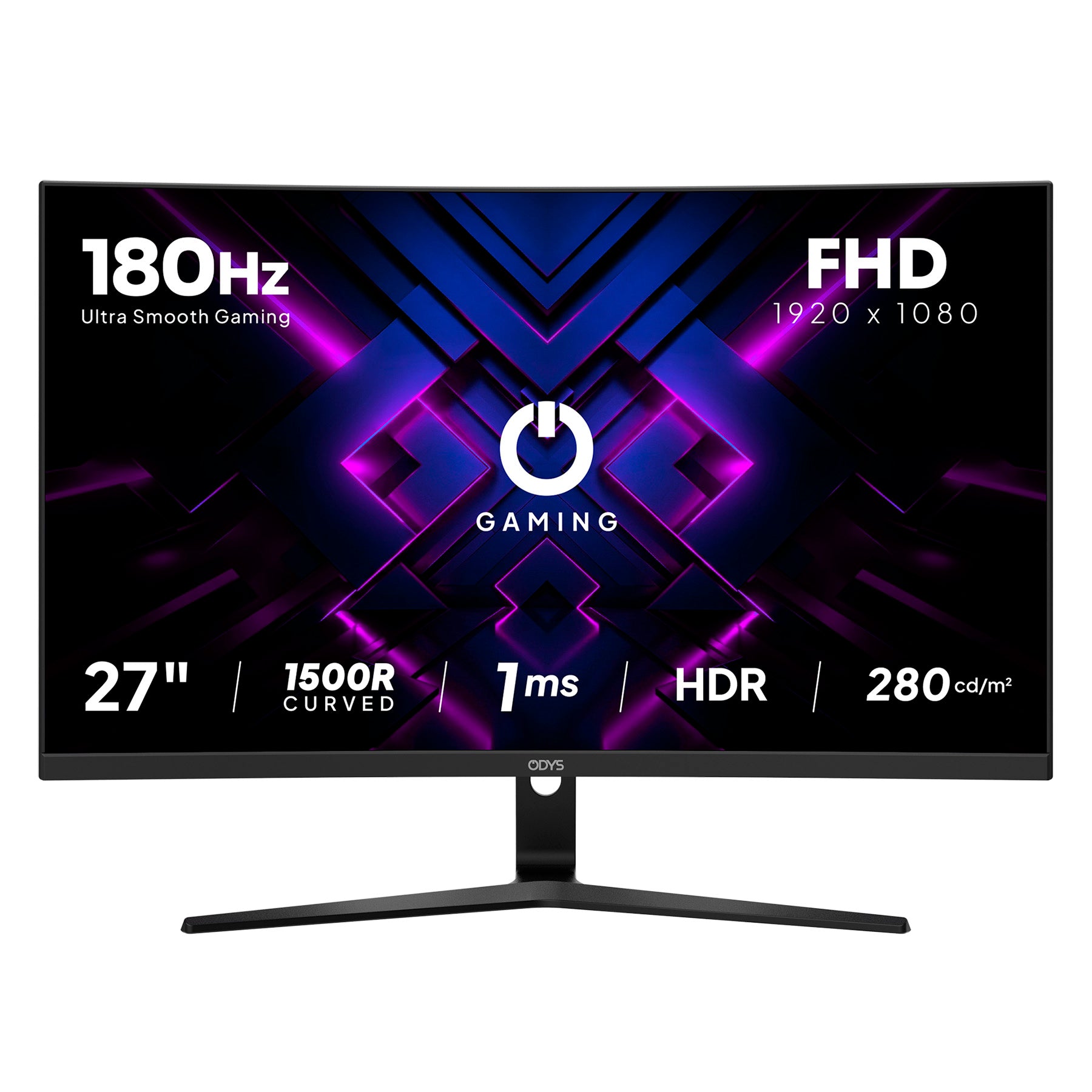 Erleben Sie ein ruckelfreies Spielerlebnis mit dem Odys ODYS XP27-F-180 Curved Gaming-Monitor (27 Zoll, 69 cm), der sich durch eine spektakuläre Bildwiederholfrequenz von 180 Hz, einer FHD-Auflösung von 1920 x 1080, einer ultraschnellen Reaktionszeit von 1 ms, HDR-Unterstützung, einer immersiven Krümmung von 1500R und einer Helligkeit von 280 cd/m² für lebendige Bilder.