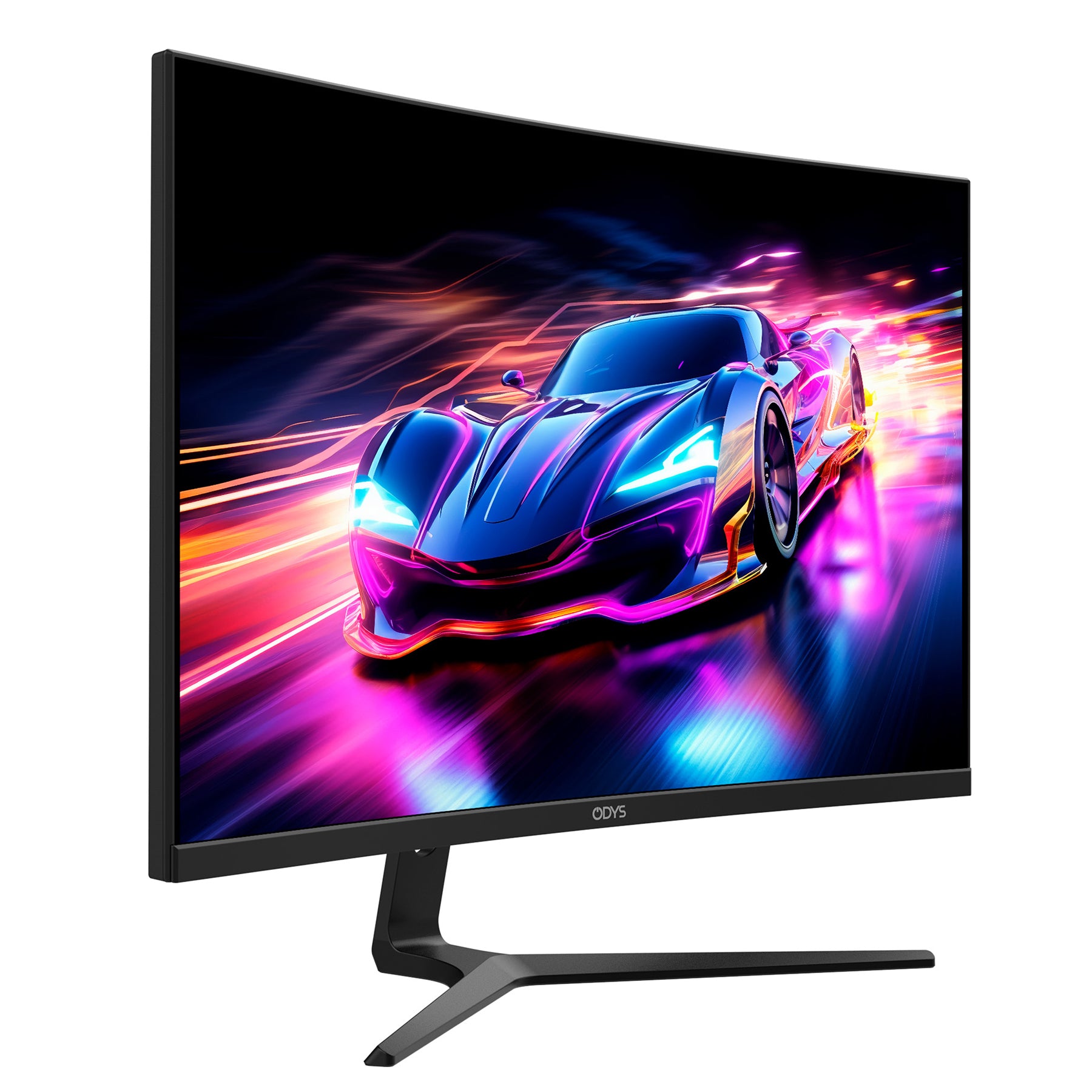 Der Odys XP27-F-180 Curved Gaming Monitor (27 Zoll, 69 cm) zeigt das lebendige Bild eines futuristischen Sportwagens mit Neon-Lichtspuren und liefert atemberaubende Full HD-Details.