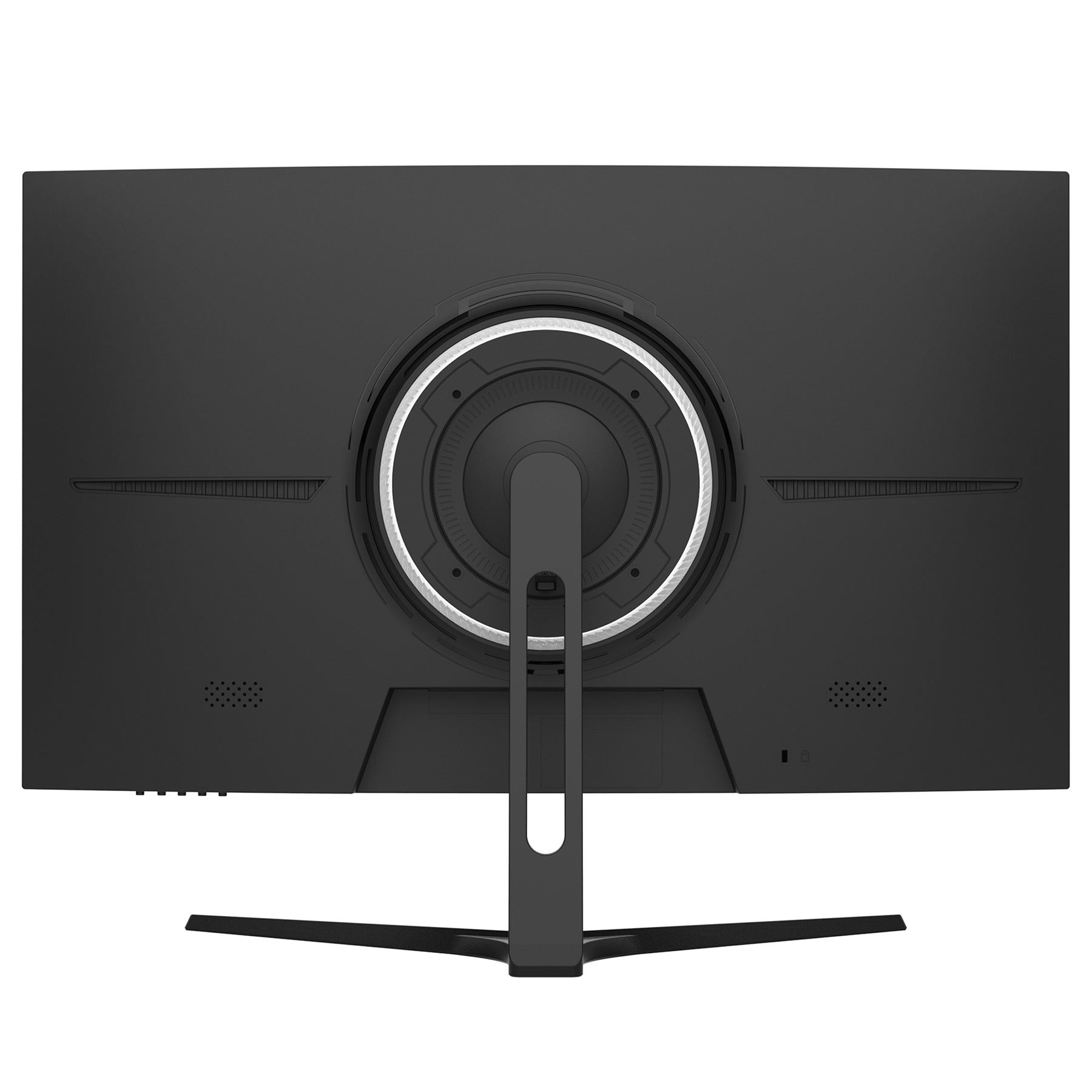 Rückansicht des Odys XP27-F-180 Curved Gaming Monitors (27 Zoll, 69 cm), ein schwarzes 180-Hz-Display mit kreisförmigem Design in der Mitte und stabilem Standfuß.