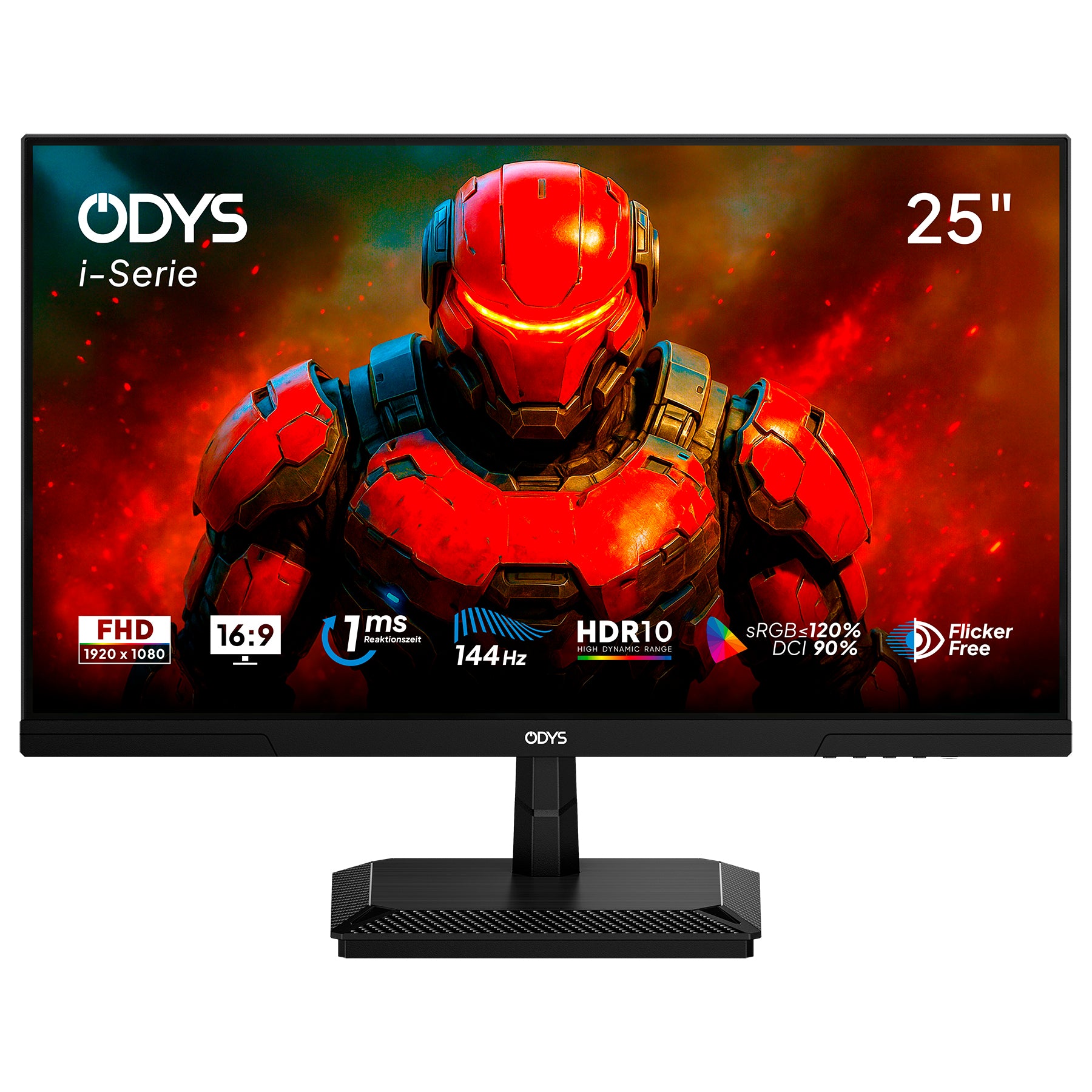 Der 25-Zoll-Monitor Odys i25-F-144 zeigt einen rot gepanzerten Charakter und bietet FHD, HDR10, 1 ms Reaktionszeit, 144 Hz Bildwiederholfrequenz und ein Seitenverhältnis von 16:9.