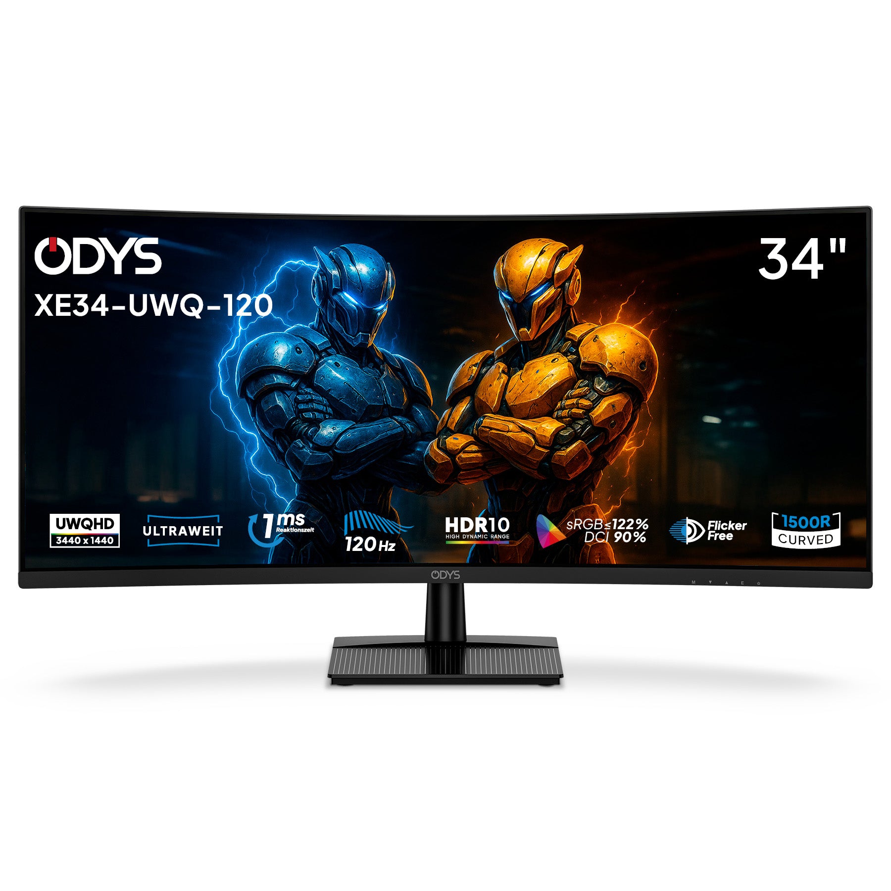 Der Odys XE34-UWQ-120 Curved Gaming Monitor (34 Zoll, 86 cm) zeigt auf seinem 34-Zoll-Display zwei gepanzerte Figuren sowie die wichtigsten Funktionen und Spezifikationen, die auf dem Bildschirm sichtbar sind.