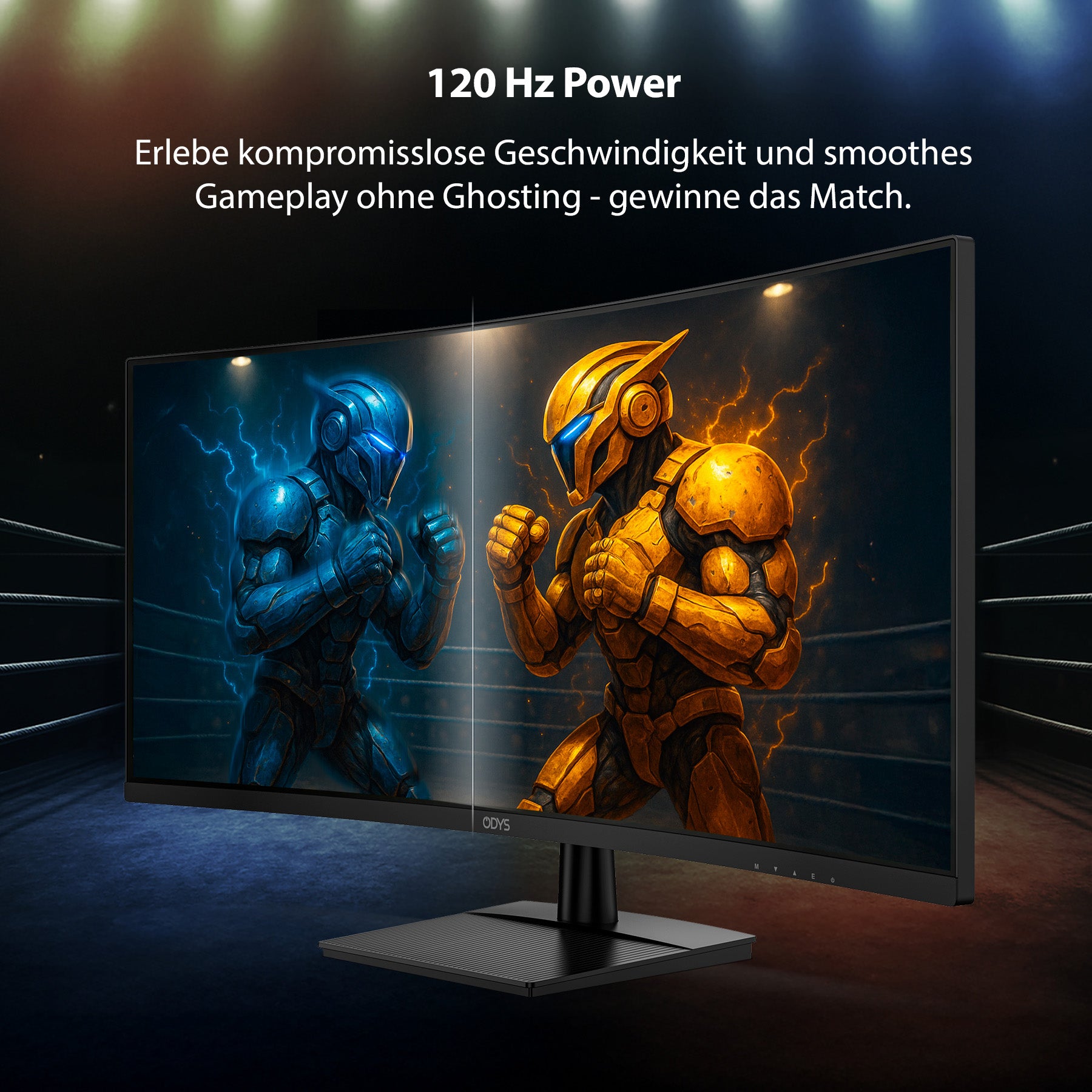 Der Odys XE34-UWQ-120 Curved Gaming Monitor (34 Zoll, 86 cm) zeigt zwei gepanzerte Kämpfer im Spiel auf einem Schreibtisch und unterstreicht damit seine flüssige 120-Hz-Leistung. Der deutsche Text beschreibt schnelle, schlierenfreie Action.