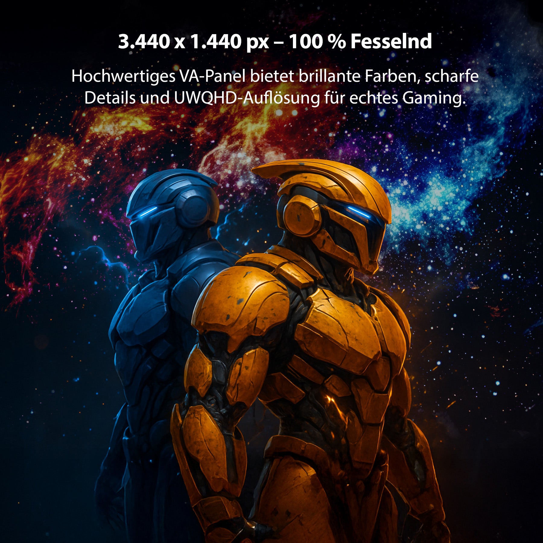 Zwei futuristische, gepanzerte Figuren stehen Rücken an Rücken vor einem lebhaften kosmischen Hintergrund, daneben ein deutscher Text über den Odys XE34-UWQ-120 Curved Gaming Monitor (34 Zoll, 86 cm) und seine erstklassige Bildschirmauflösung und fortschrittlichen Gaming-Funktionen.