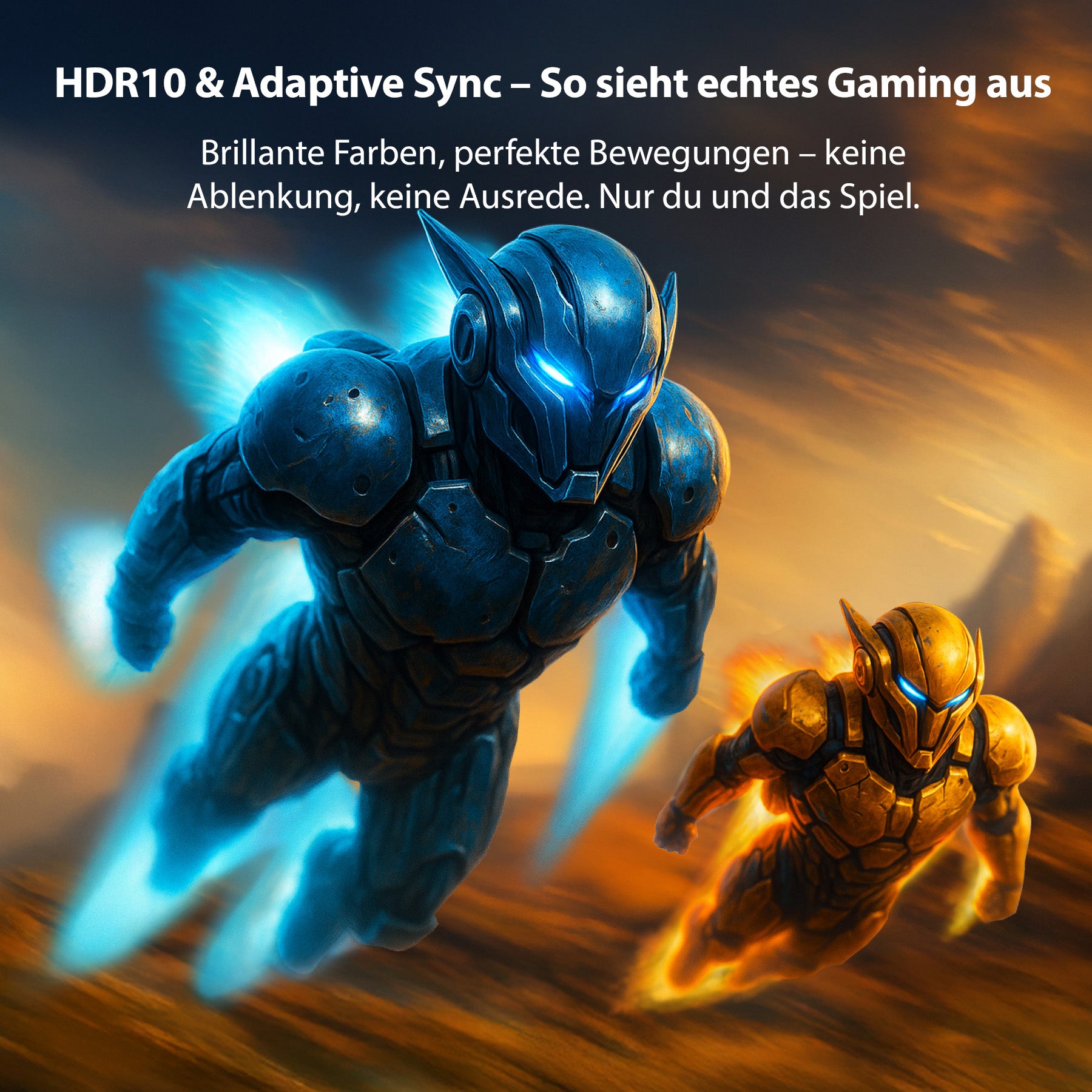 Zwei futuristisch gepanzerte Gestalten mit leuchtenden blauen und gelben Lichtern rasen nach vorne und zeigen den Odys XE34-UWQ-120 Curved Gaming Monitor (34", 86 cm) mit HDR10 und Adaptive Sync Features für optimales Gaming.