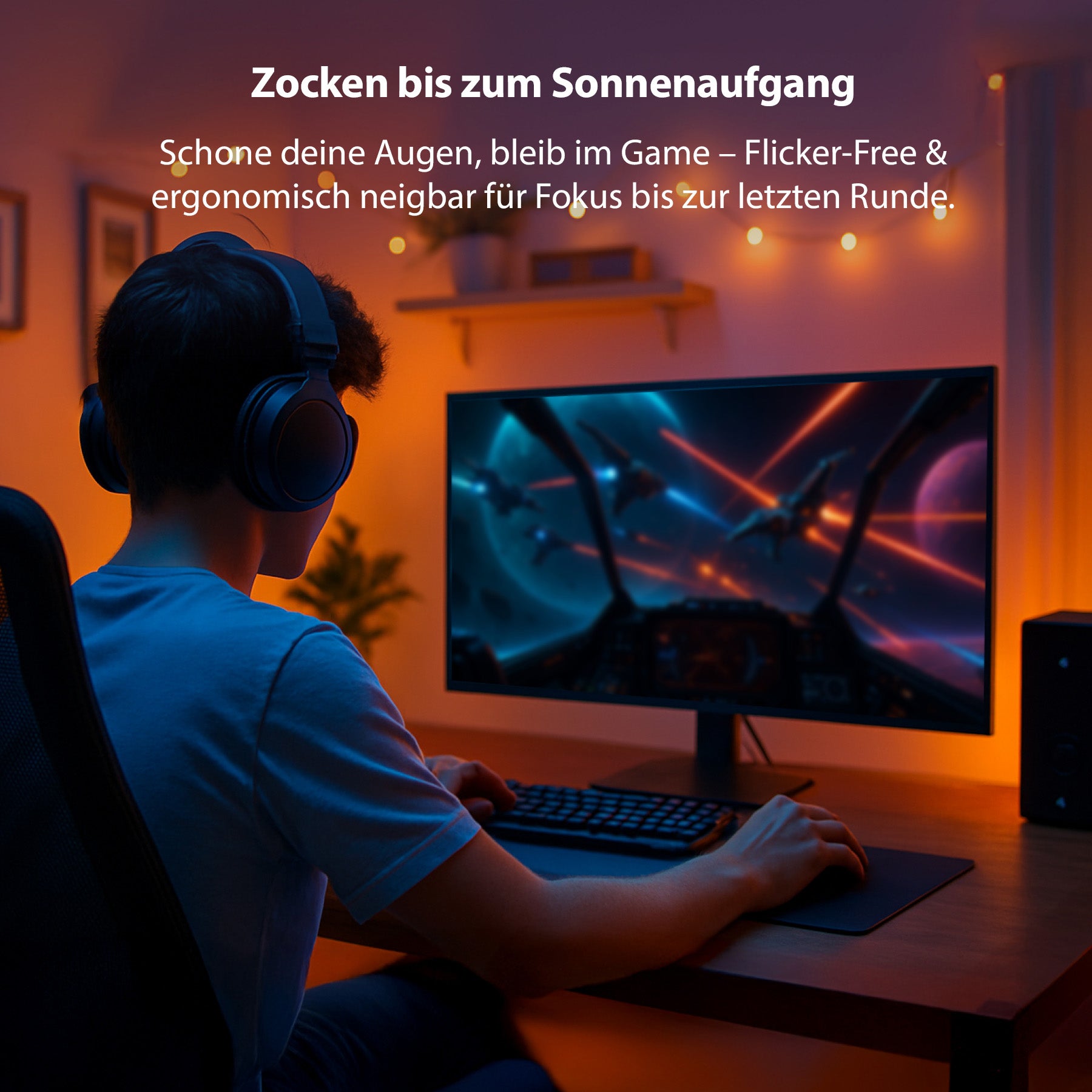 Eine Person mit Kopfhörern spielt ein Videospiel an einem Computertisch in einem schummrigen Raum. Der deutsche Text auf dem Odys XE34-UWQ-120 Curved Gaming Monitor (34 Zoll, 86 cm) wirbt für seine Augenkomfortfunktionen.