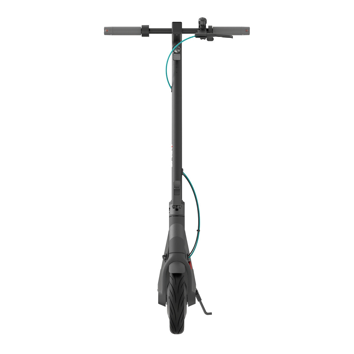 Eine Frontansicht des schwarzen Odys ALPHA X5 E-Scooters mit Lenker, Vorderrad, blauem Vorbaukabel, IPX5-Einstufung und einer beeindruckenden Reichweite von 50 km.