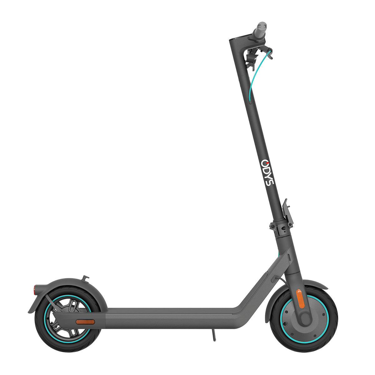 Der Odys ALPHA X5 E-Scooter in Grau mit türkisfarbenen Akzenten verfügt über einen geraden Lenker, Gummireifen, einen kleinen Ständer und eine Seitenprofilansicht. Er bietet eine Reichweite von 50 km und die IPX5-Klassifizierung für Langlebigkeit.