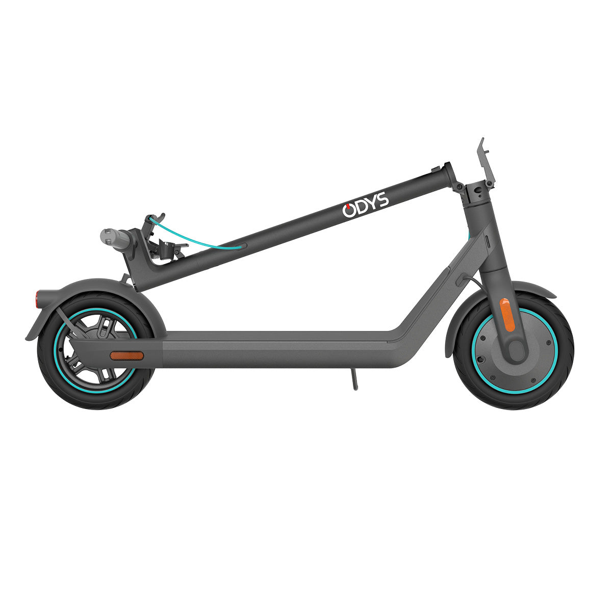Der Odys ALPHA X5 E-Scooter, auf dem Bild vollständig zusammengeklappt, mit mattgrauem Rahmen und türkisfarbenen Akzenten, ist nach IPX5 zertifiziert und hat eine Reichweite von bis zu 50 km.