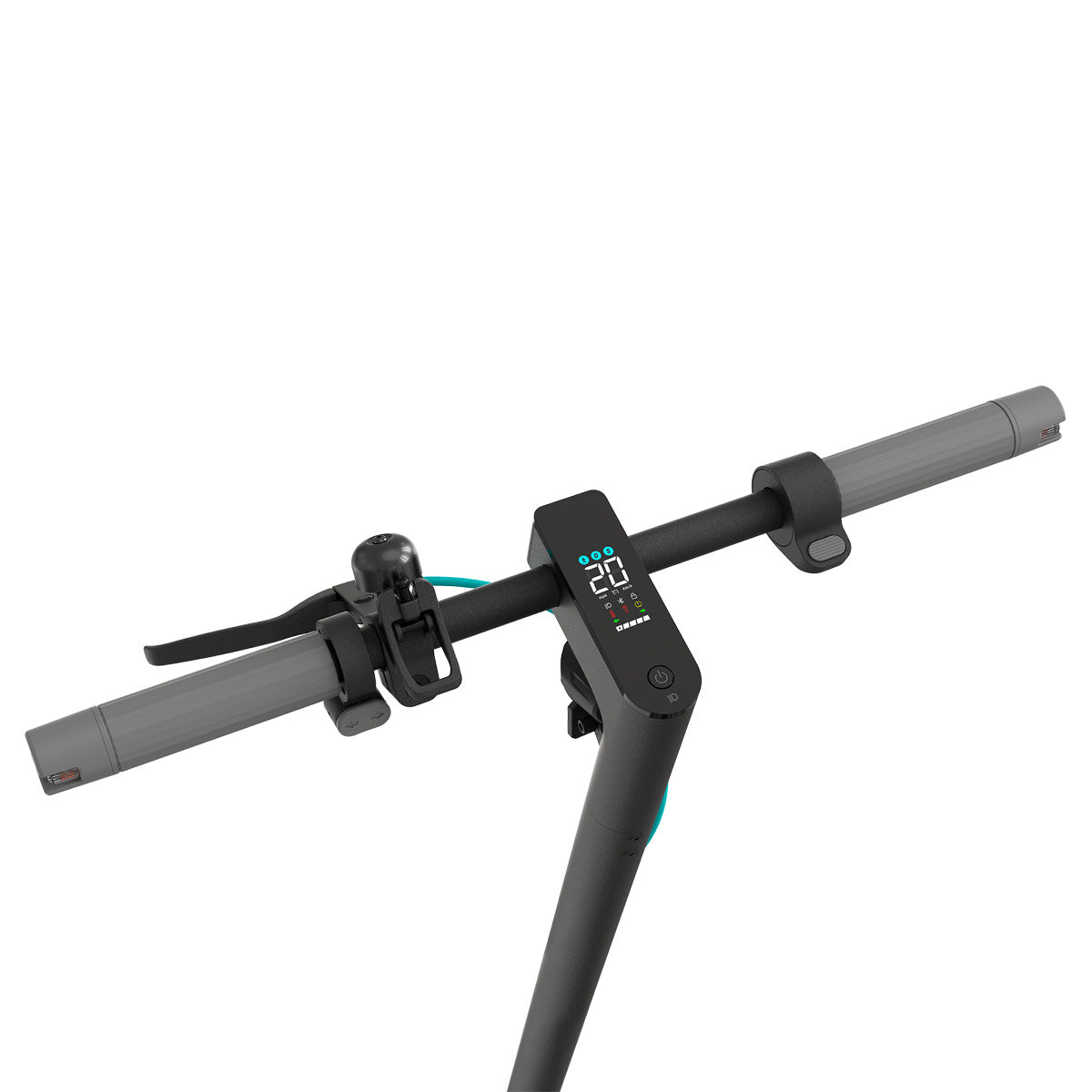 Nahaufnahme des Lenkers des Odys ALPHA X5 E-Scooters mit Digitalanzeige, Handgriffen, Bremshebel, Klingel und Einschaltknopf. Bietet IPX5-Bewertung und eine bemerkenswerte 50 km Reichweite für längere Fahrten.