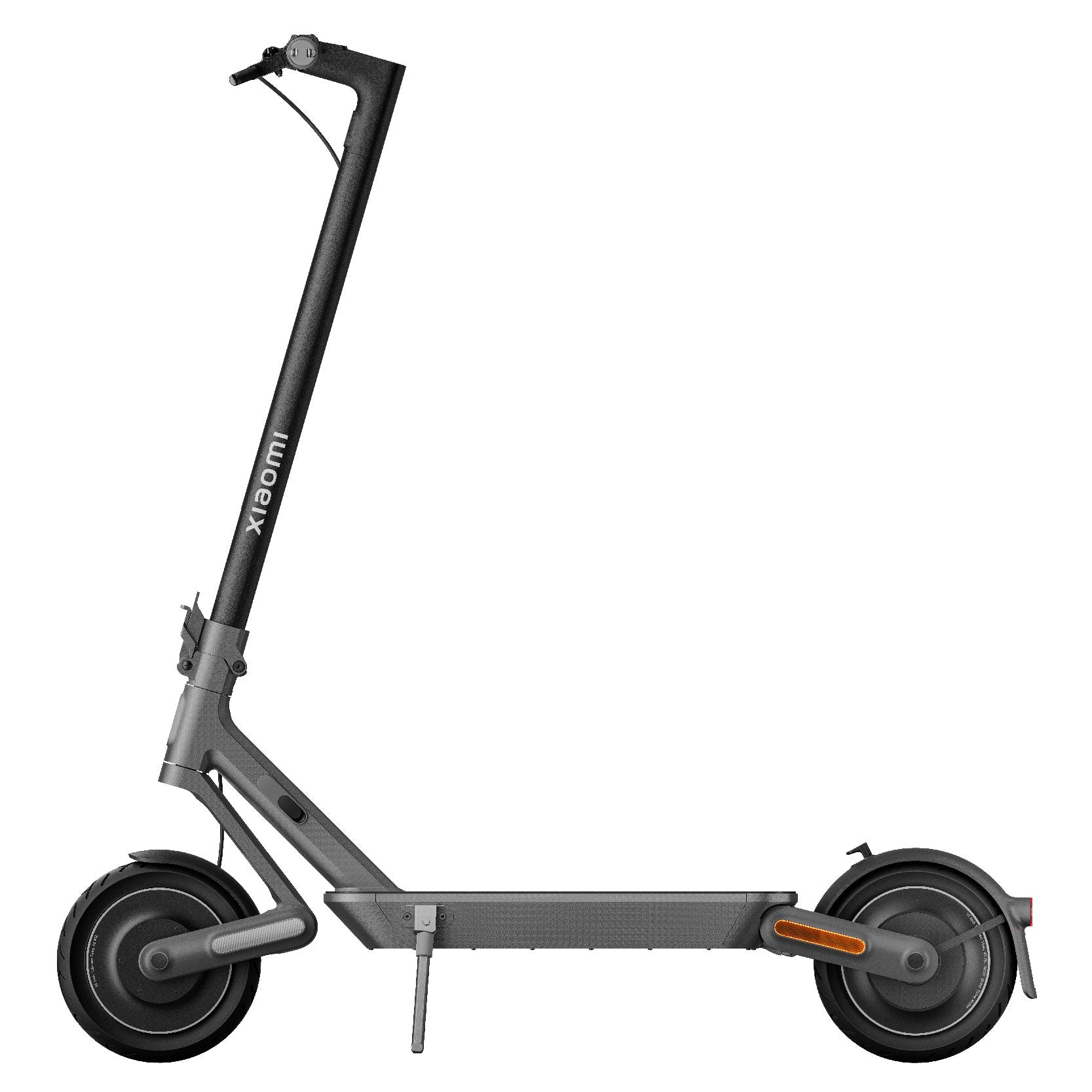 Seitenansicht des Xiaomi Electric Scooter 4 Ultra in schwarz, mit DuraGel-Reifen, einem Stehdeck, zwei Rädern und einer Lenkstange.
