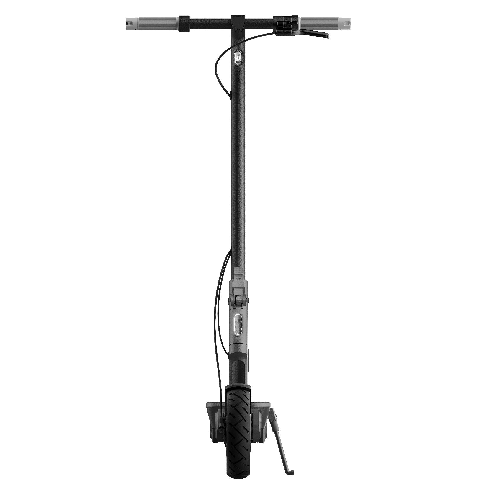 Vorderansicht des Xiaomi Electric Scooter 4 Ultra in Schwarz und Silber, mit Lenker, Bremshebel, Vorderreifen und Ständer vor weißem Hintergrund. Ausgestattet mit DuraGel-Reifen und einer Hochleistungs-Lithium-Batterie.