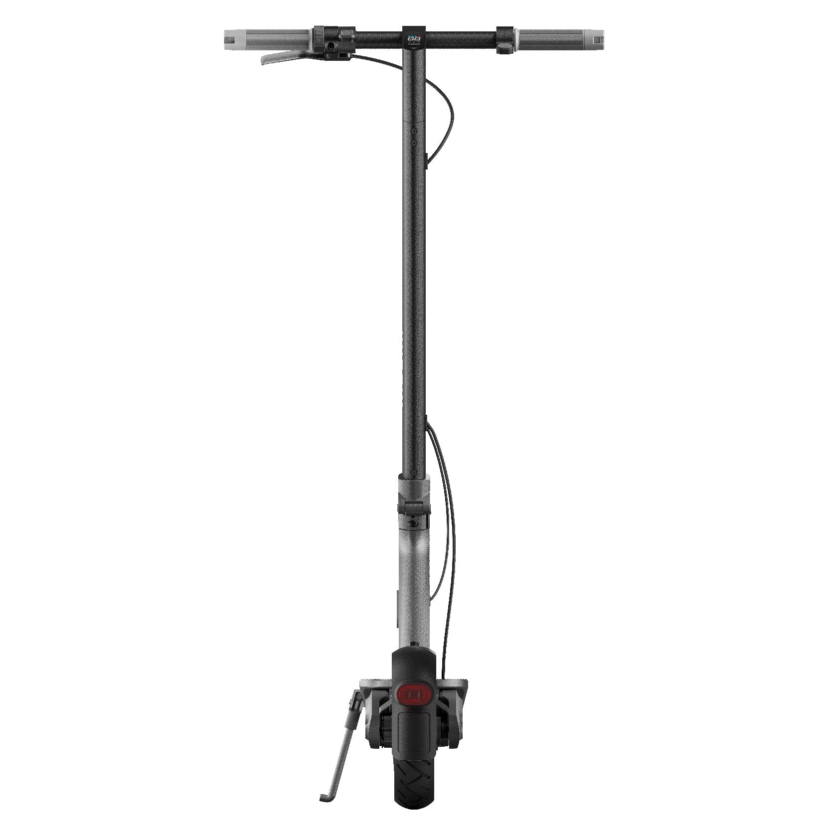Vorderansicht des Xiaomi Electric Scooter 4 Ultra mit aufrechtem Lenker, sichtbaren Bremskabeln, Ständer, einzelnem Vorderrad und strapazierfähigem DuraGel-Reifen für erhöhte Festigkeit.
